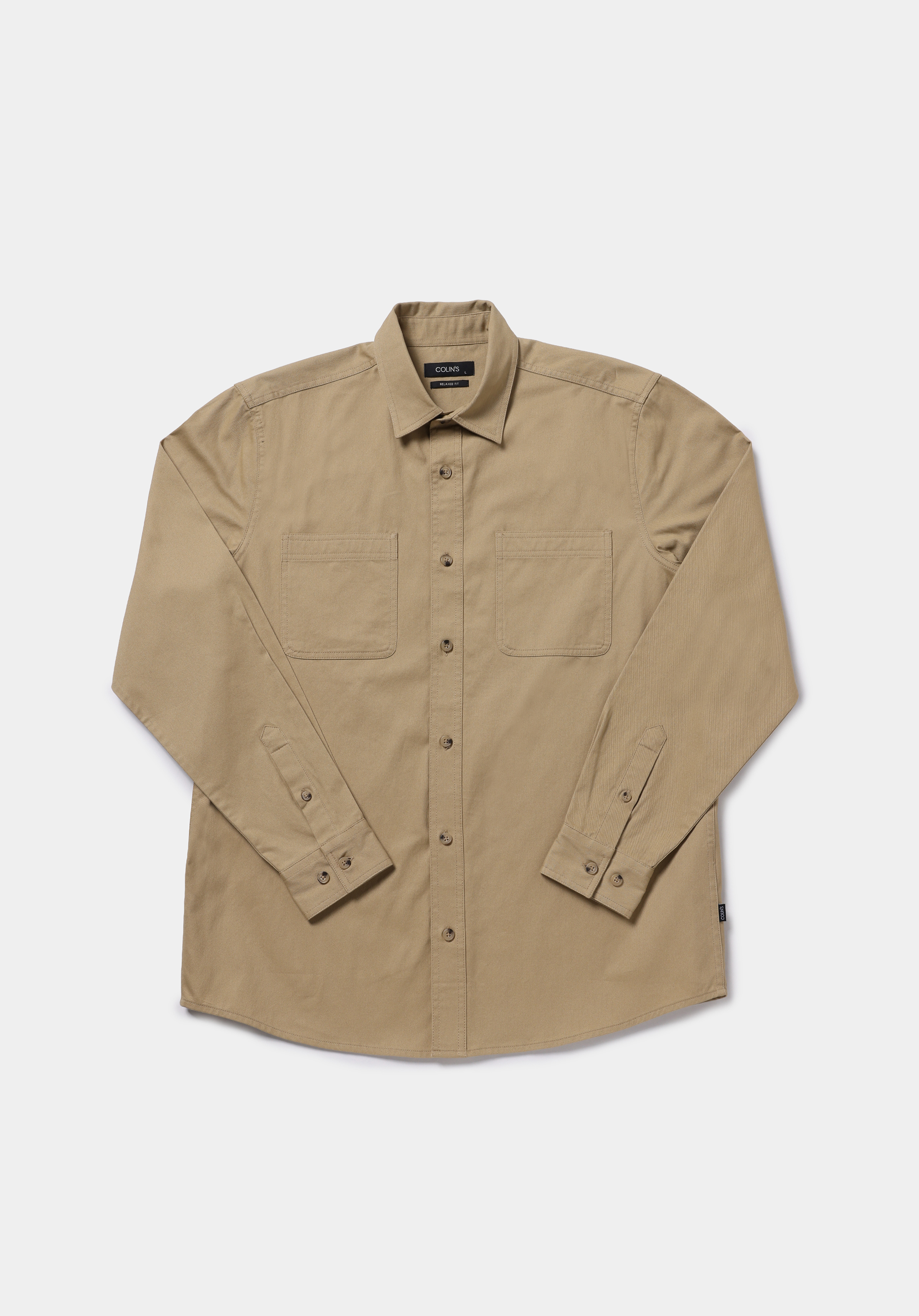 Relaxed Fit Shirt Neck Düz Erkek Kahverengi Uzun Kol Gömlek