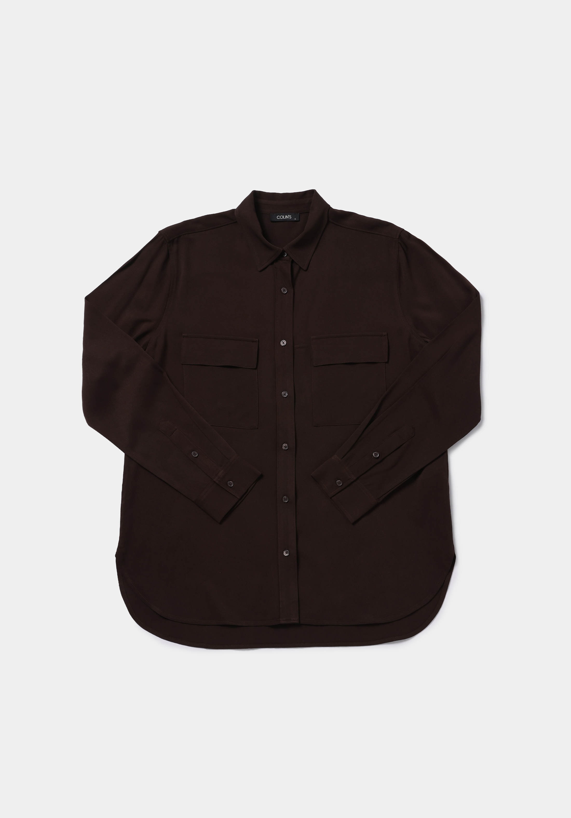 Regular Fit Shirt Neck Düz Kadın Kahverengi Uzun Kol Gömlek