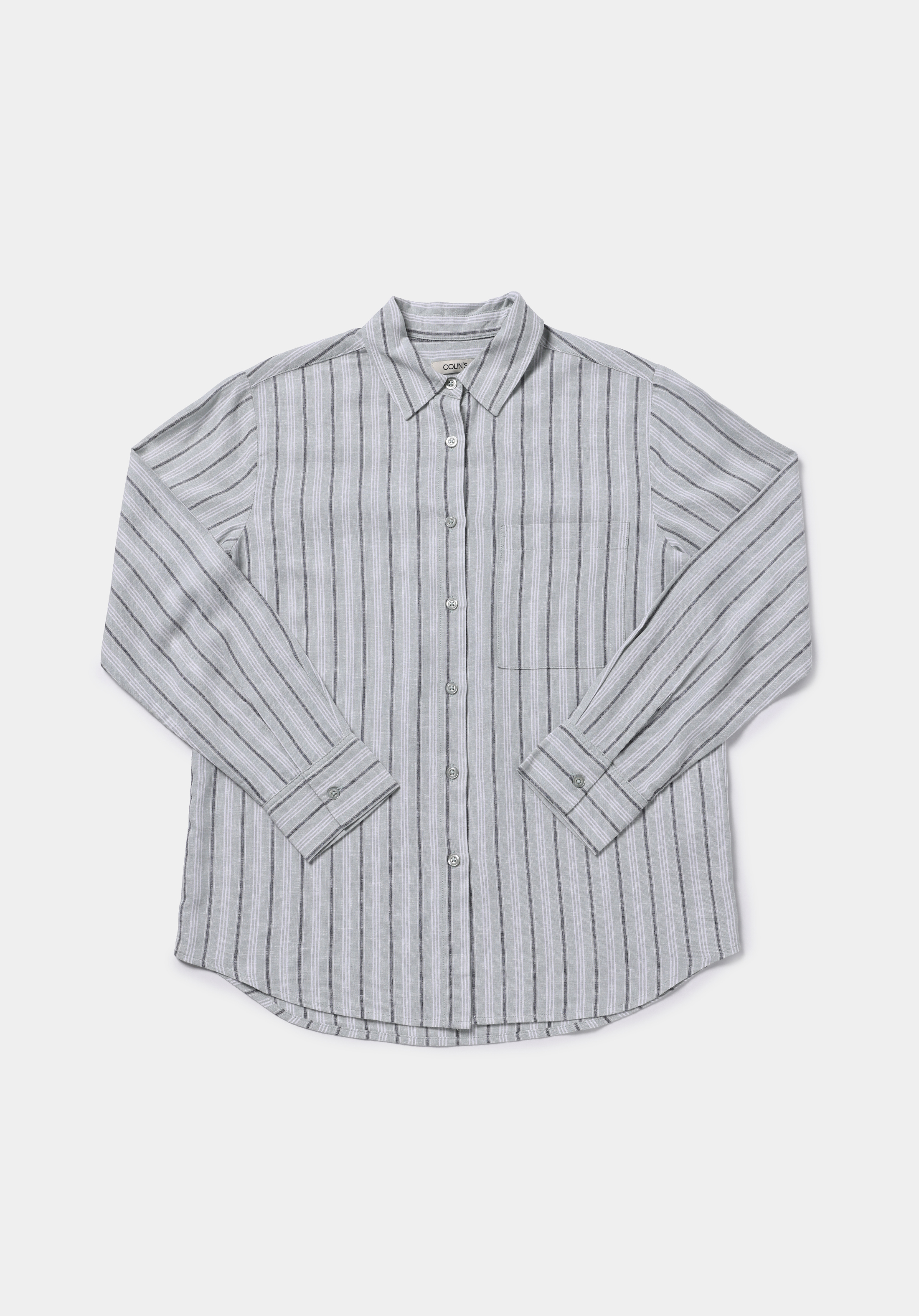 Fashion Fit Shirt Neck Çizgili Kadın Yeşil Uzun Kol Gömlek