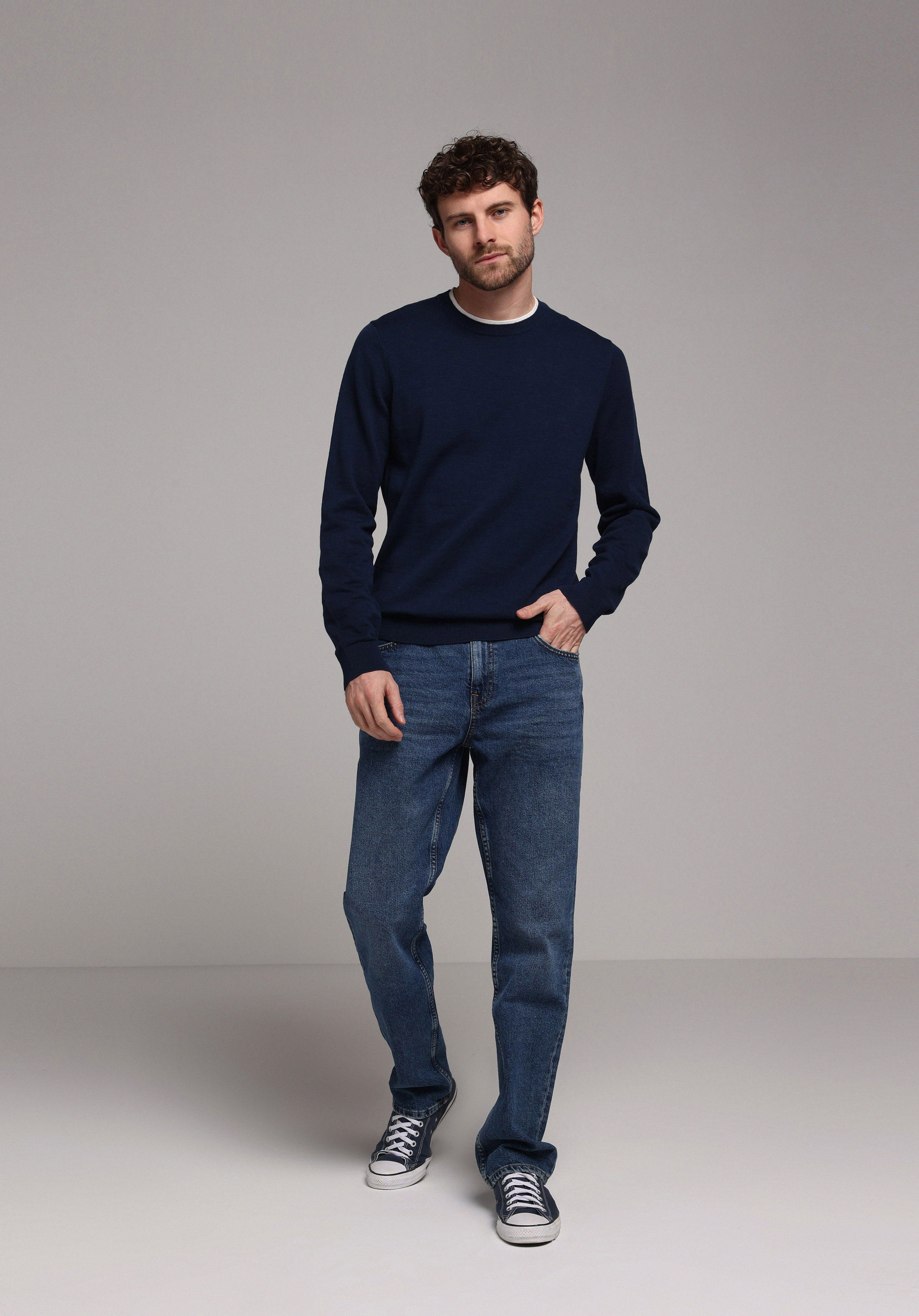 Regular Fit Yuvarlak Yaka Jakarlı Erkek Lacivert Kazak