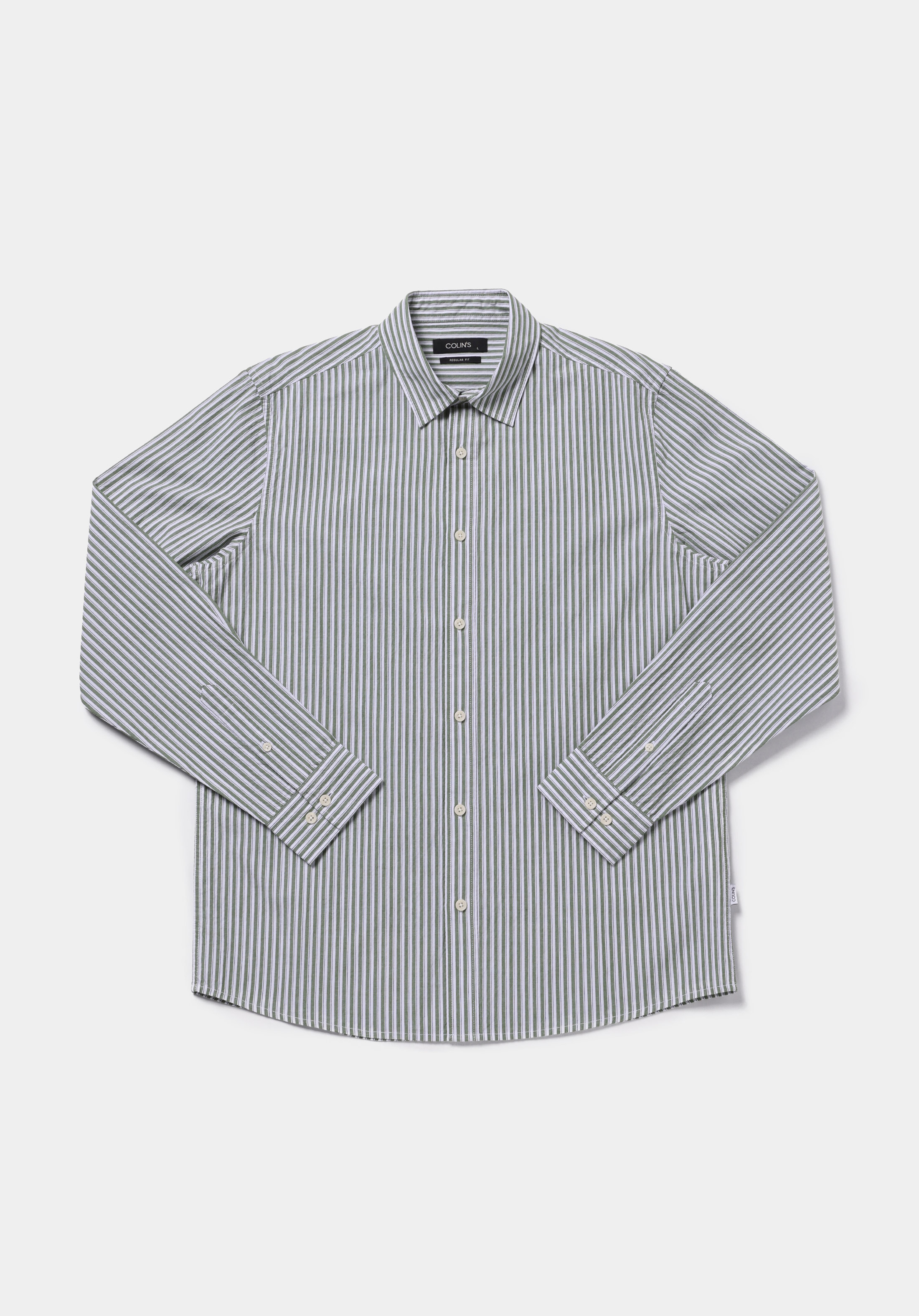 Regular Fit Shirt Neck Çizgili Erkek Yeşil Uzun Kol Gömlek