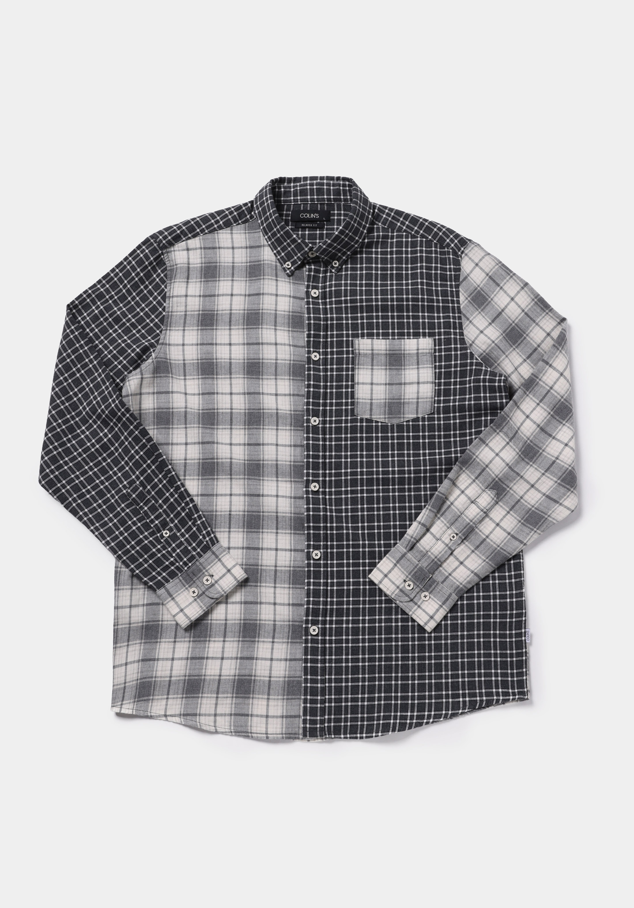 Relaxed Fit Shirt Neck Ekoseli Erkek Gri Uzun Kol Gömlek