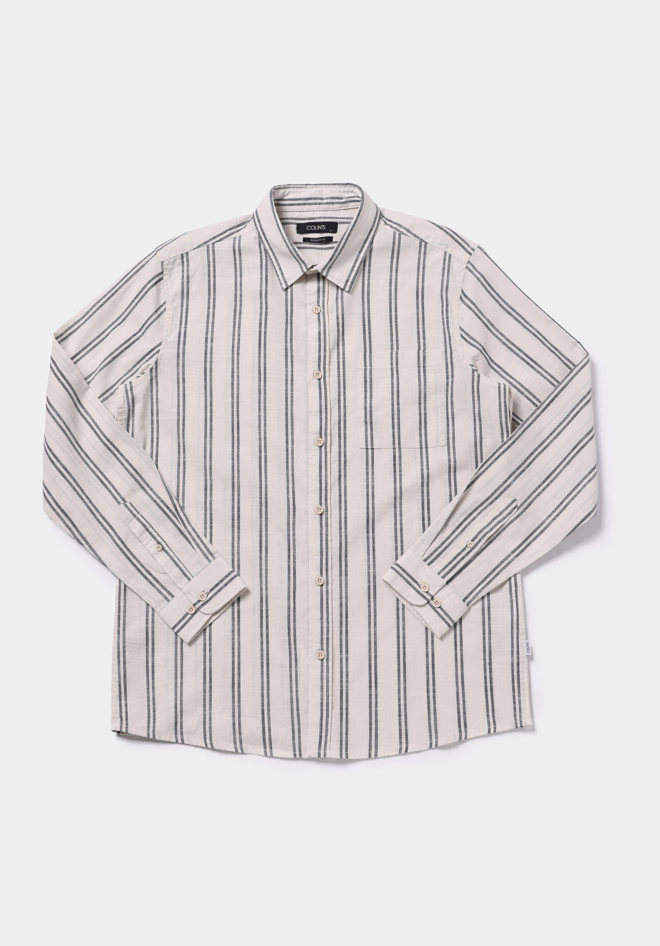 Regular Fit Shirt Neck Çizgili Erkek Ekru Uzun Kol Gömlek