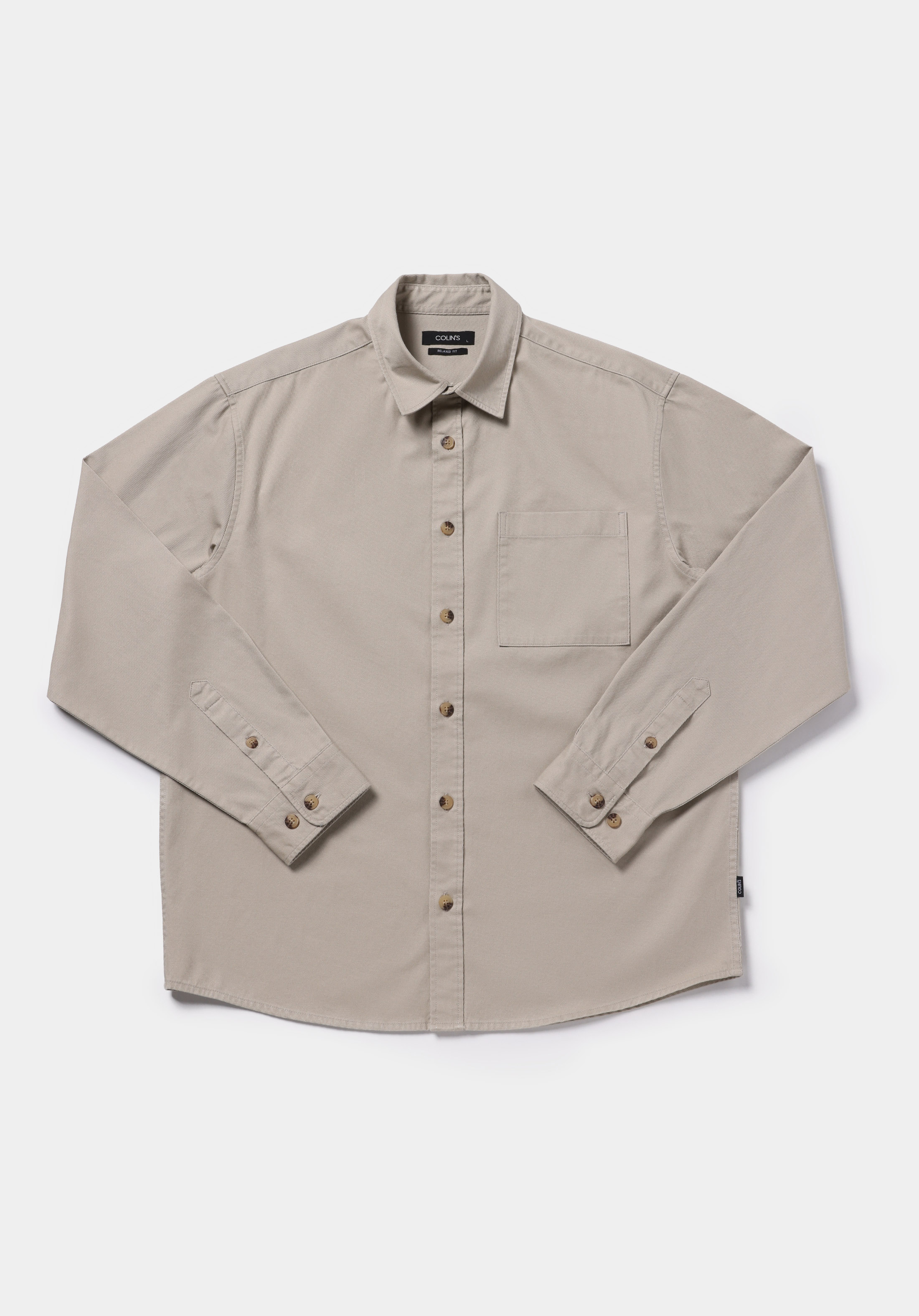 Relaxed Fit Shirt Neck Düz Erkek Bej Uzun Kol Gömlek