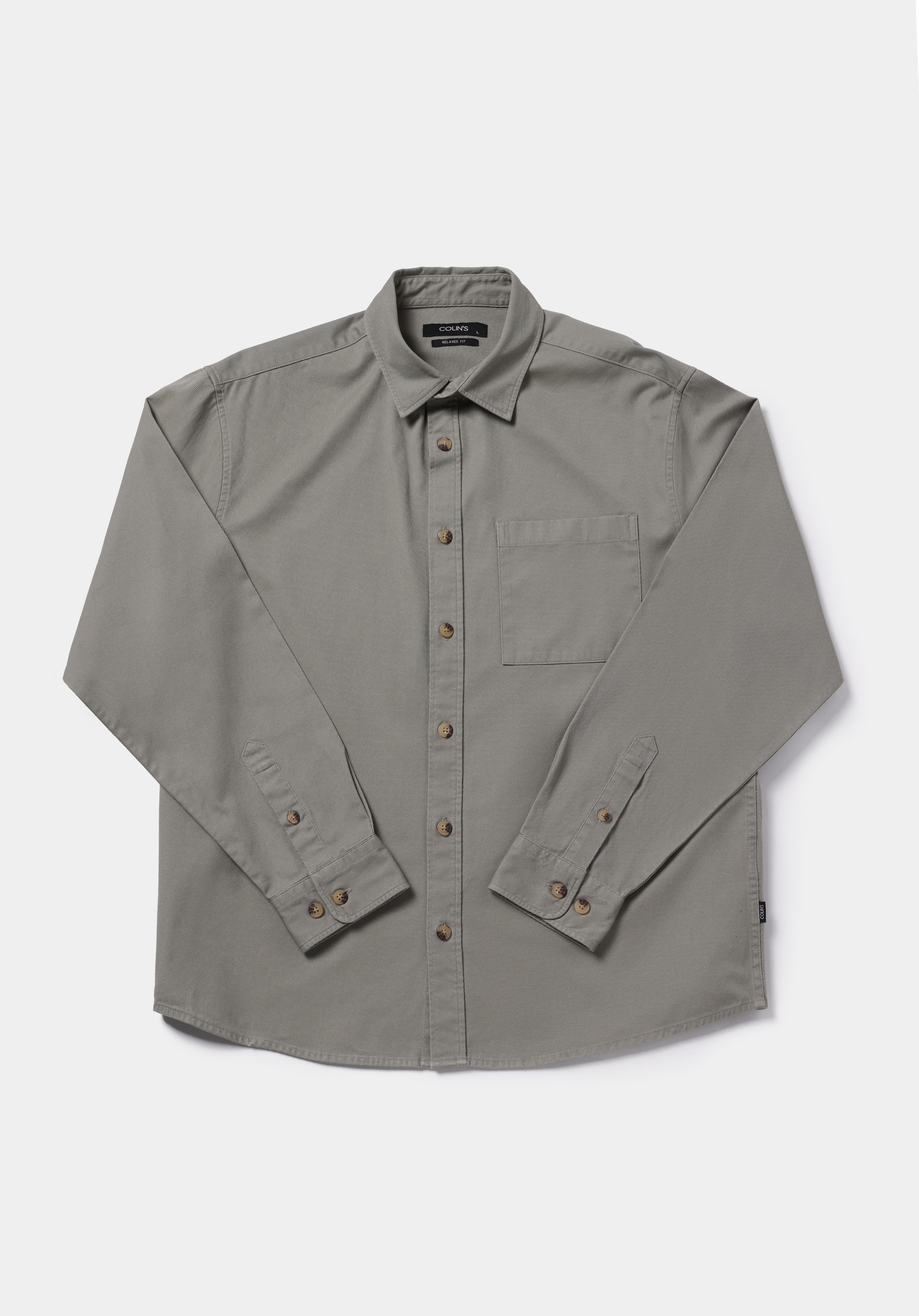 Relaxed Fit Shirt Neck Düz Erkek Yeşil Uzun Kol Gömlek