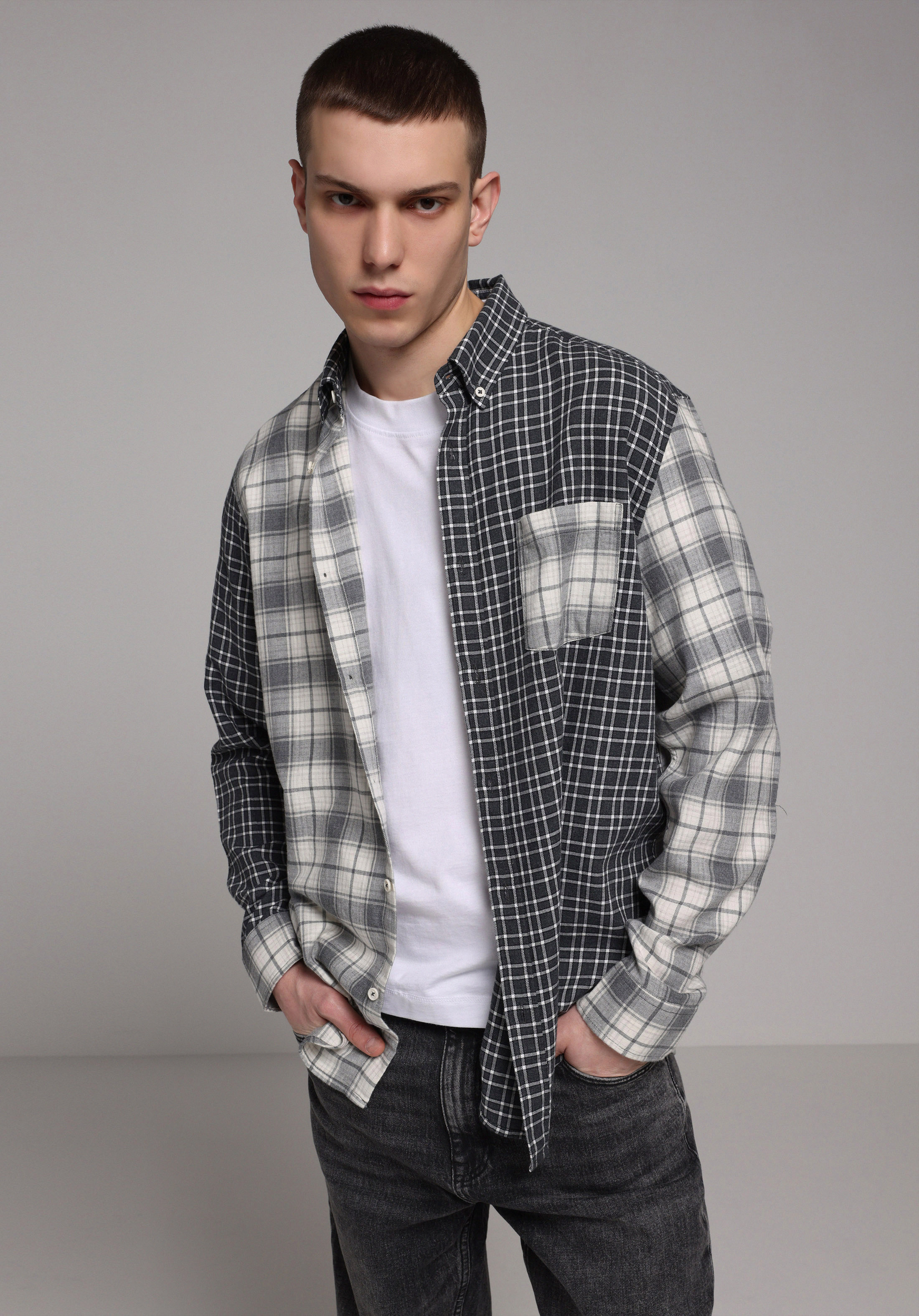 Relaxed Fit Shirt Neck Ekoseli Erkek Gri Uzun Kol Gömlek