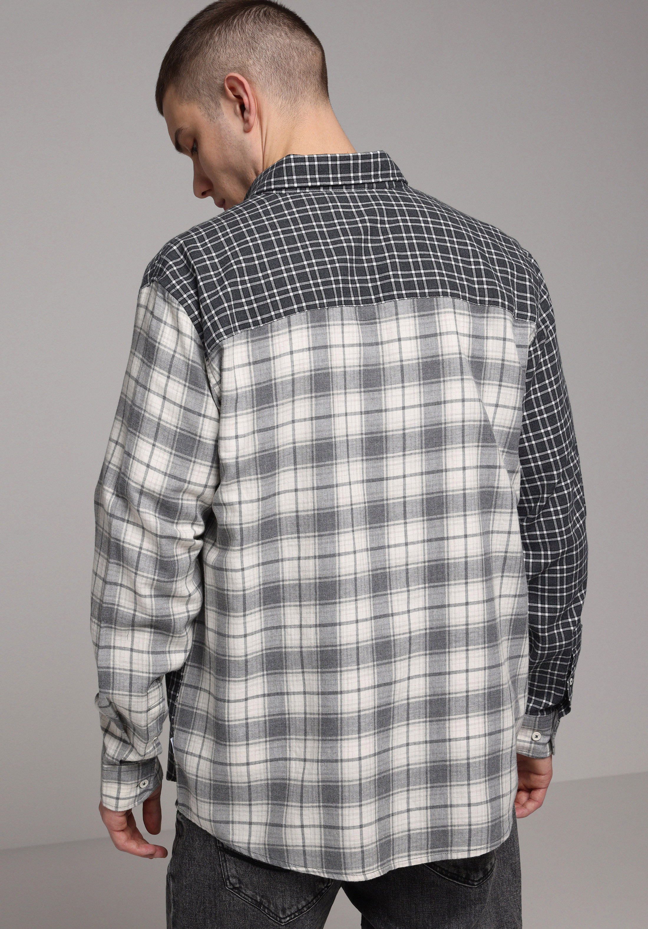 Relaxed Fit Shirt Neck Ekoseli Erkek Gri Uzun Kol Gömlek