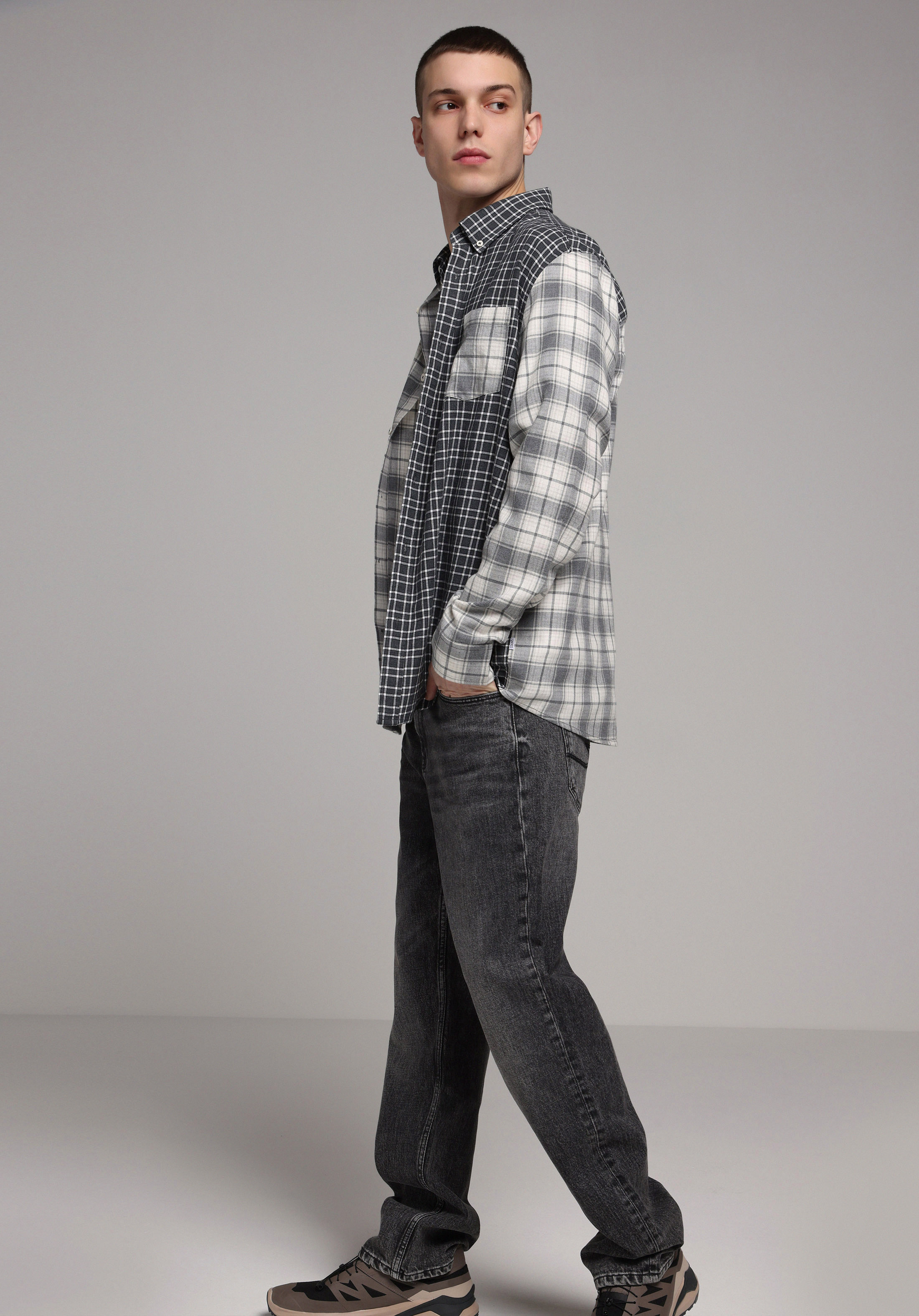 Relaxed Fit Shirt Neck Ekoseli Erkek Gri Uzun Kol Gömlek