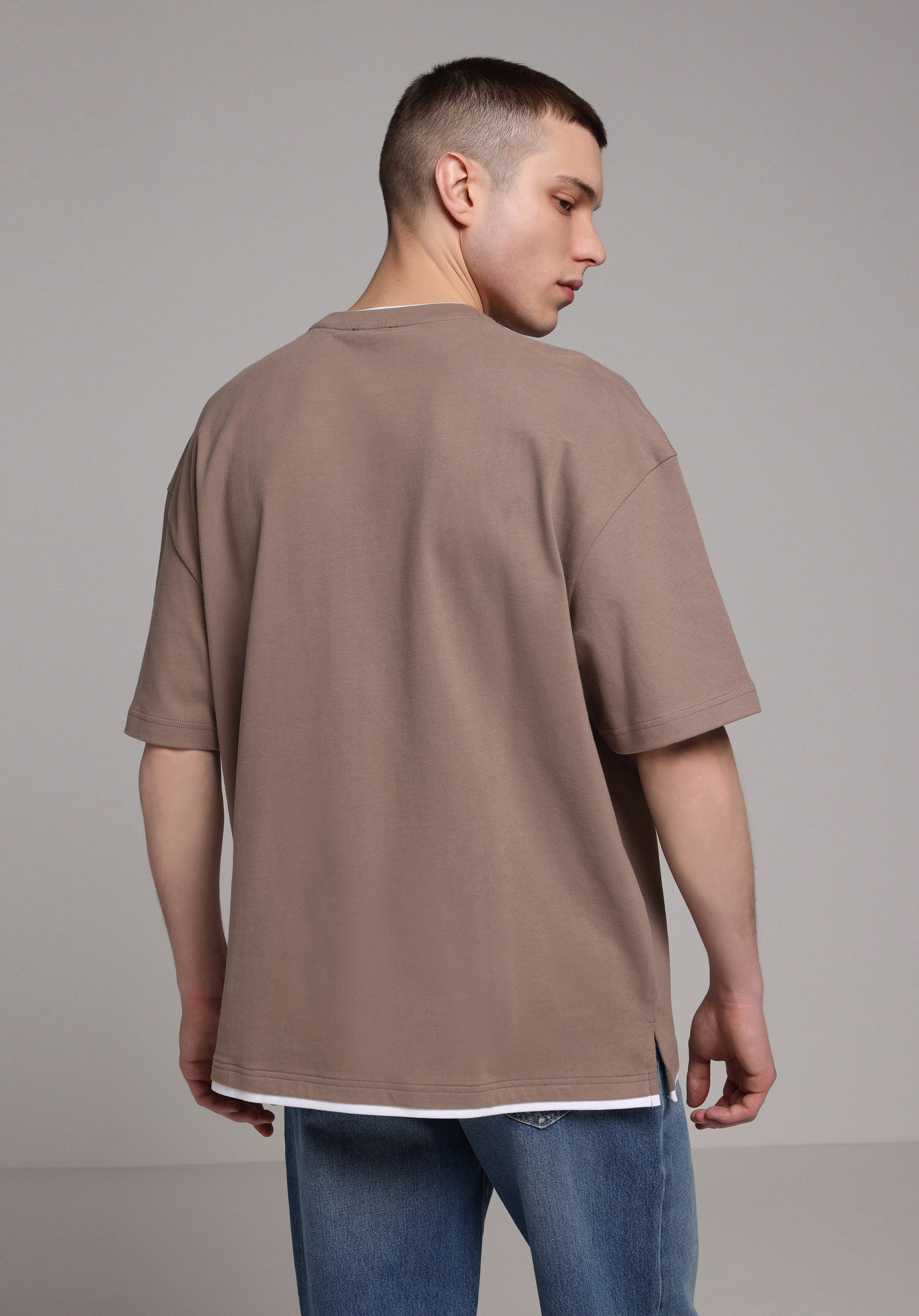 Oversize Fit Yuvarlak Yaka Düz Erkek Gri Kısa Kol Tişört