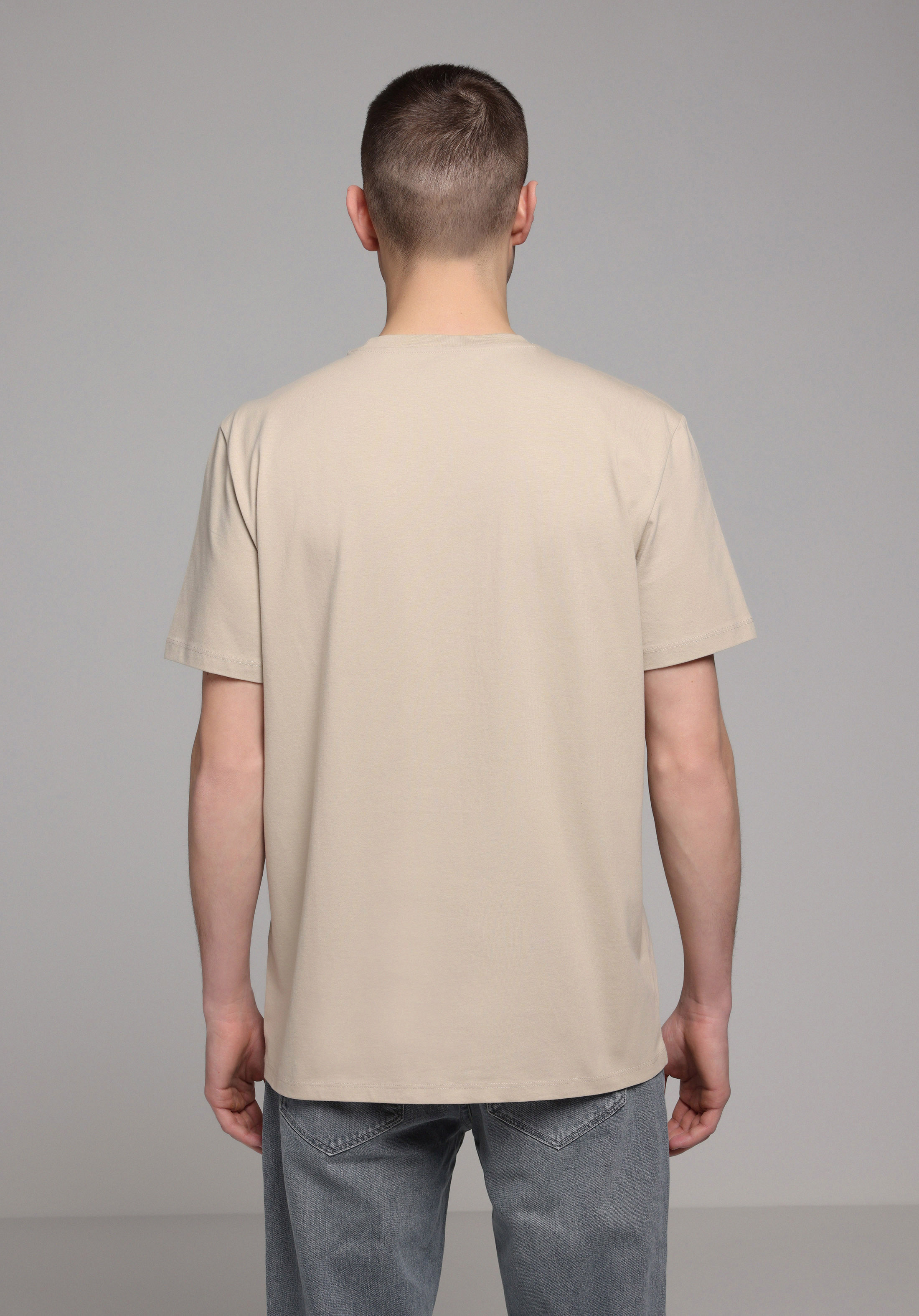 Regular Fit Yuvarlak Yaka Düz Erkek Bej Kısa Kol Tişört