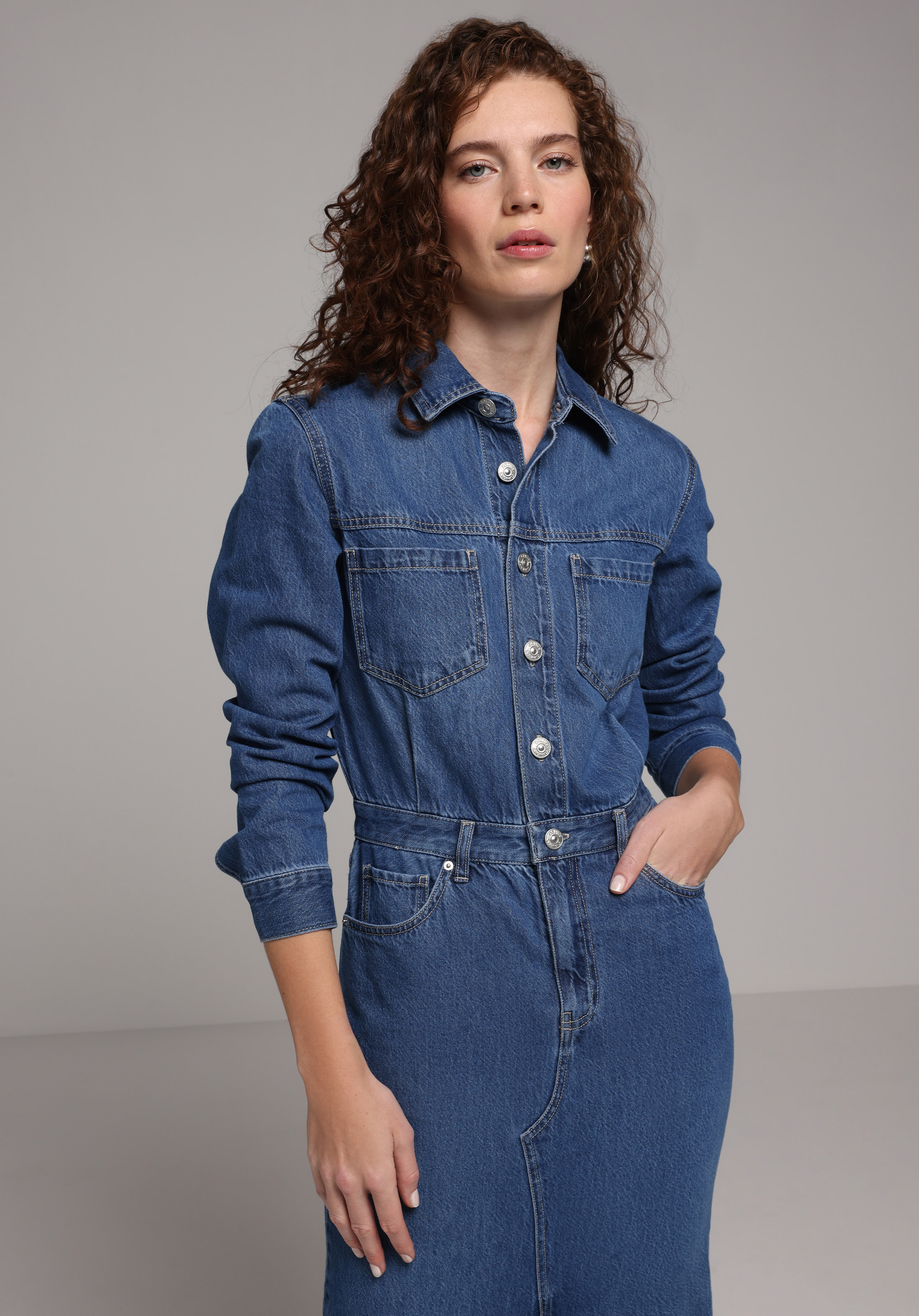 Slim Fit Düz Kadın Mavi Uzun Kol Elbise