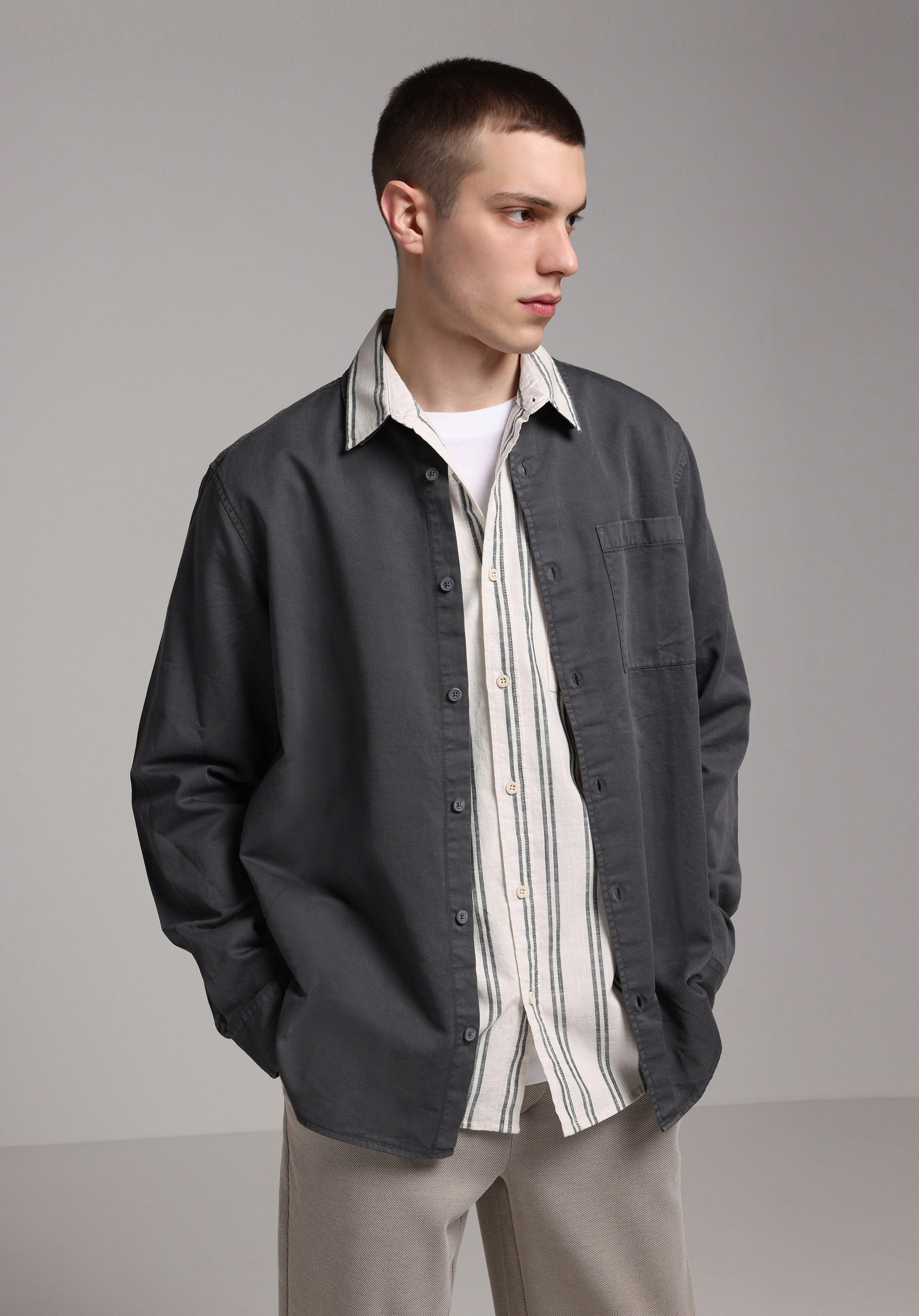 Relaxed Fit Shirt Neck Düz Erkek Gri Uzun Kol Gömlek