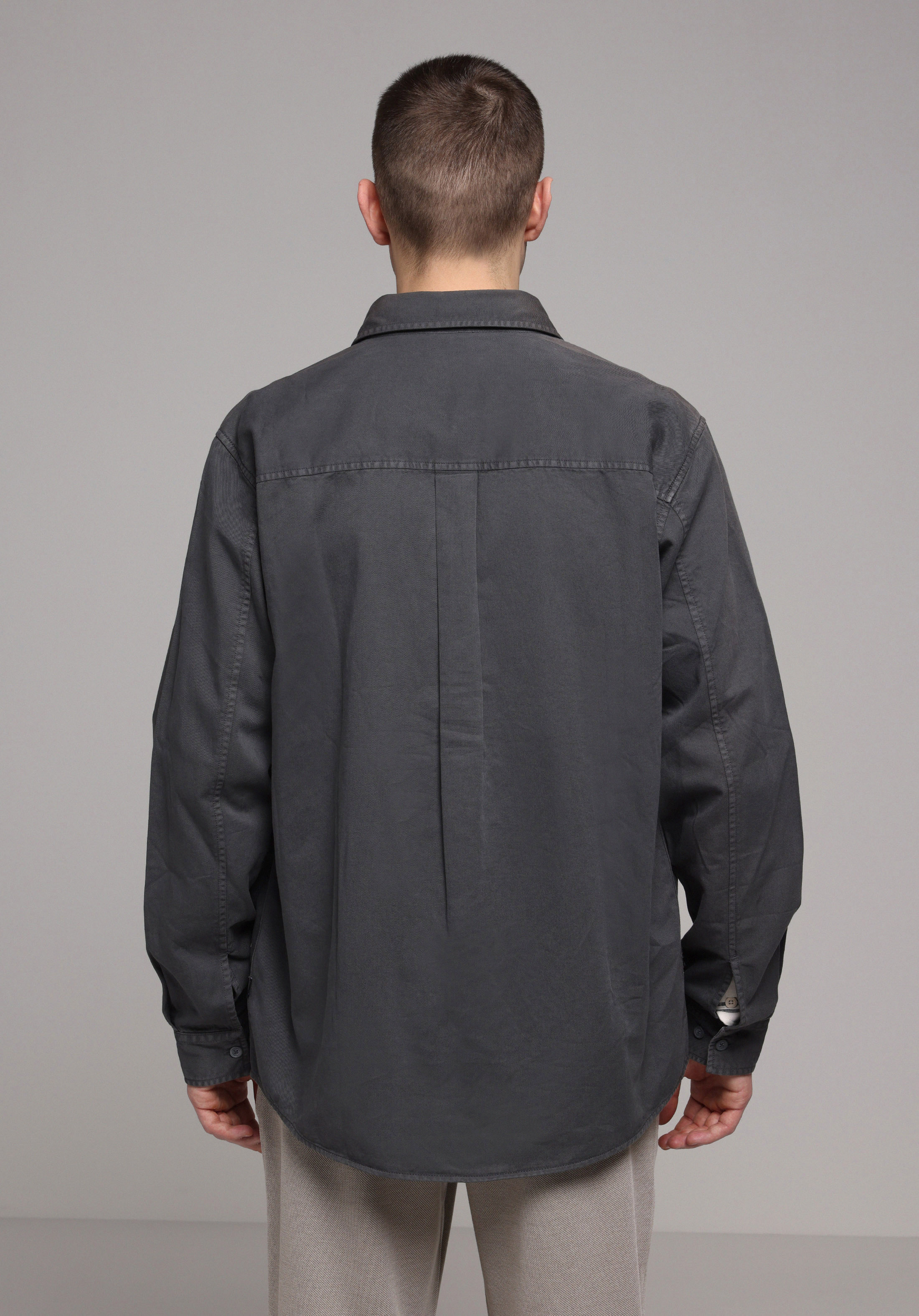 Relaxed Fit Shirt Neck Düz Erkek Gri Uzun Kol Gömlek