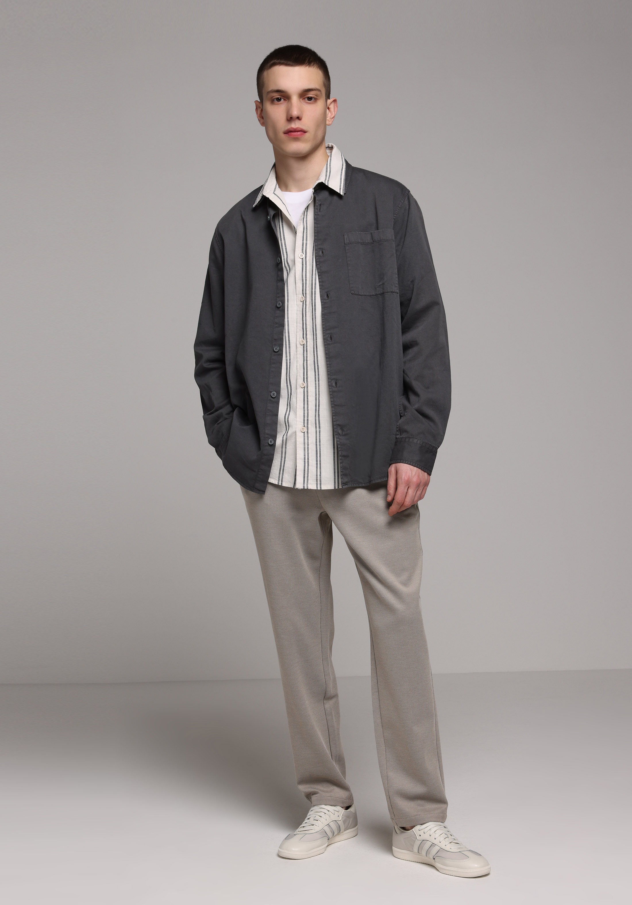 Relaxed Fit Shirt Neck Düz Erkek Gri Uzun Kol Gömlek