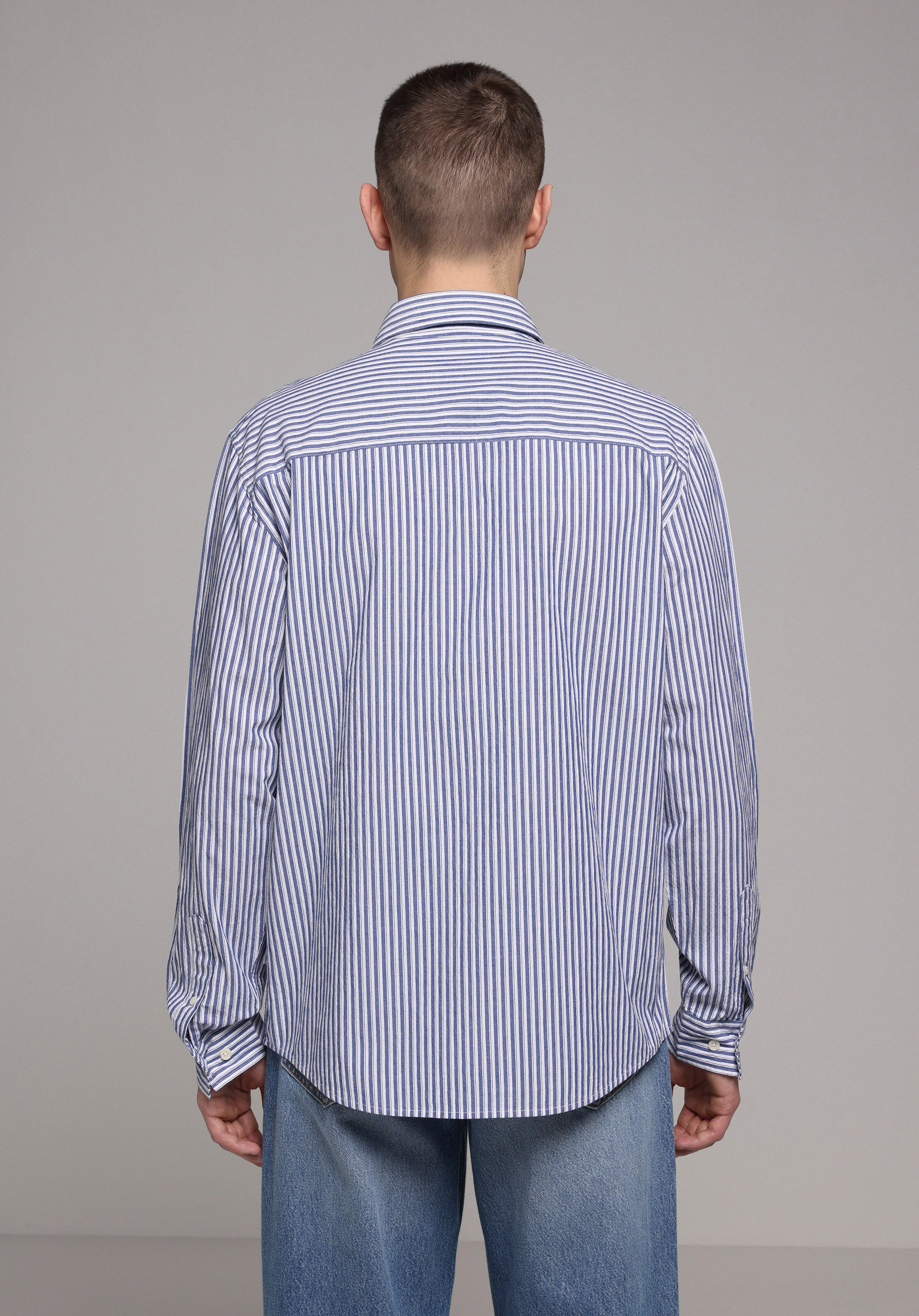 Regular Fit Shirt Neck Çizgili Erkek Mavi Uzun Kol Gömlek