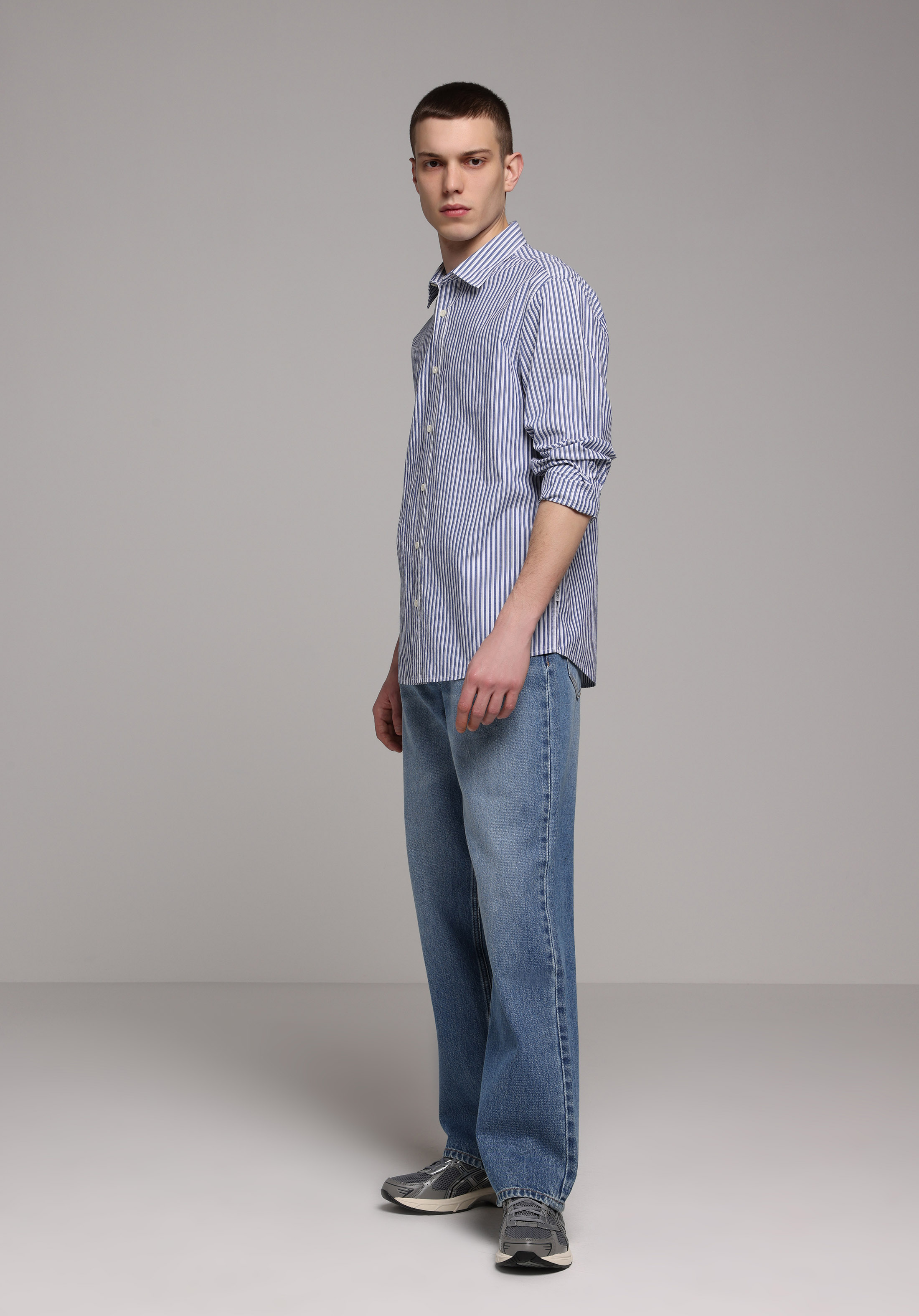 Regular Fit Shirt Neck Çizgili Erkek Mavi Uzun Kol Gömlek