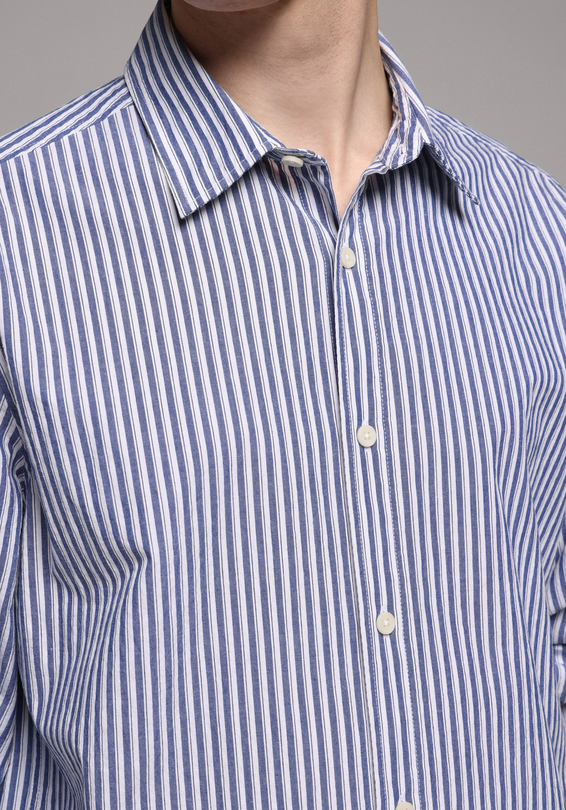 Regular Fit Shirt Neck Çizgili Erkek Mavi Uzun Kol Gömlek