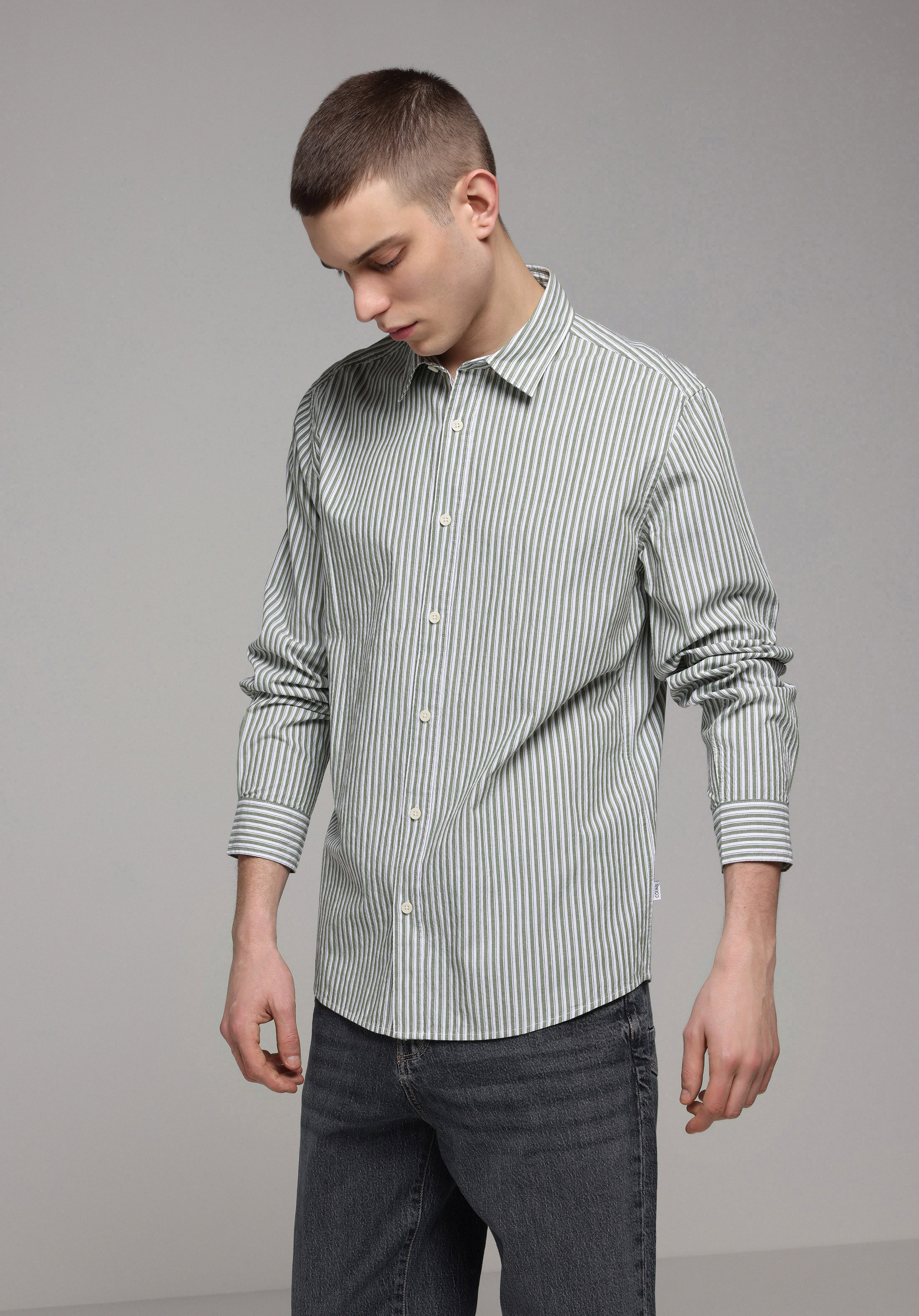 Regular Fit Shirt Neck Çizgili Erkek Yeşil Uzun Kol Gömlek