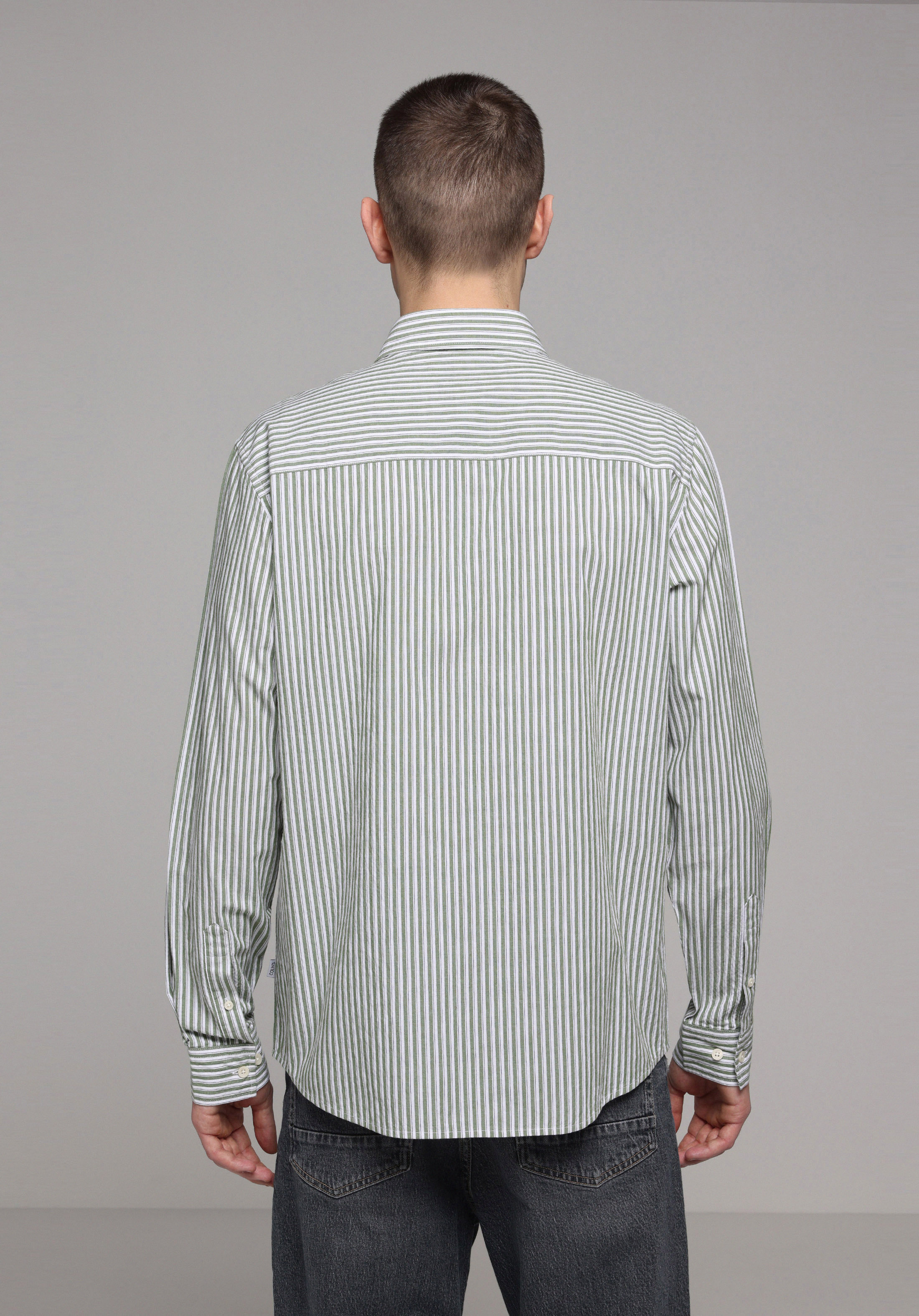 Regular Fit Shirt Neck Çizgili Erkek Yeşil Uzun Kol Gömlek