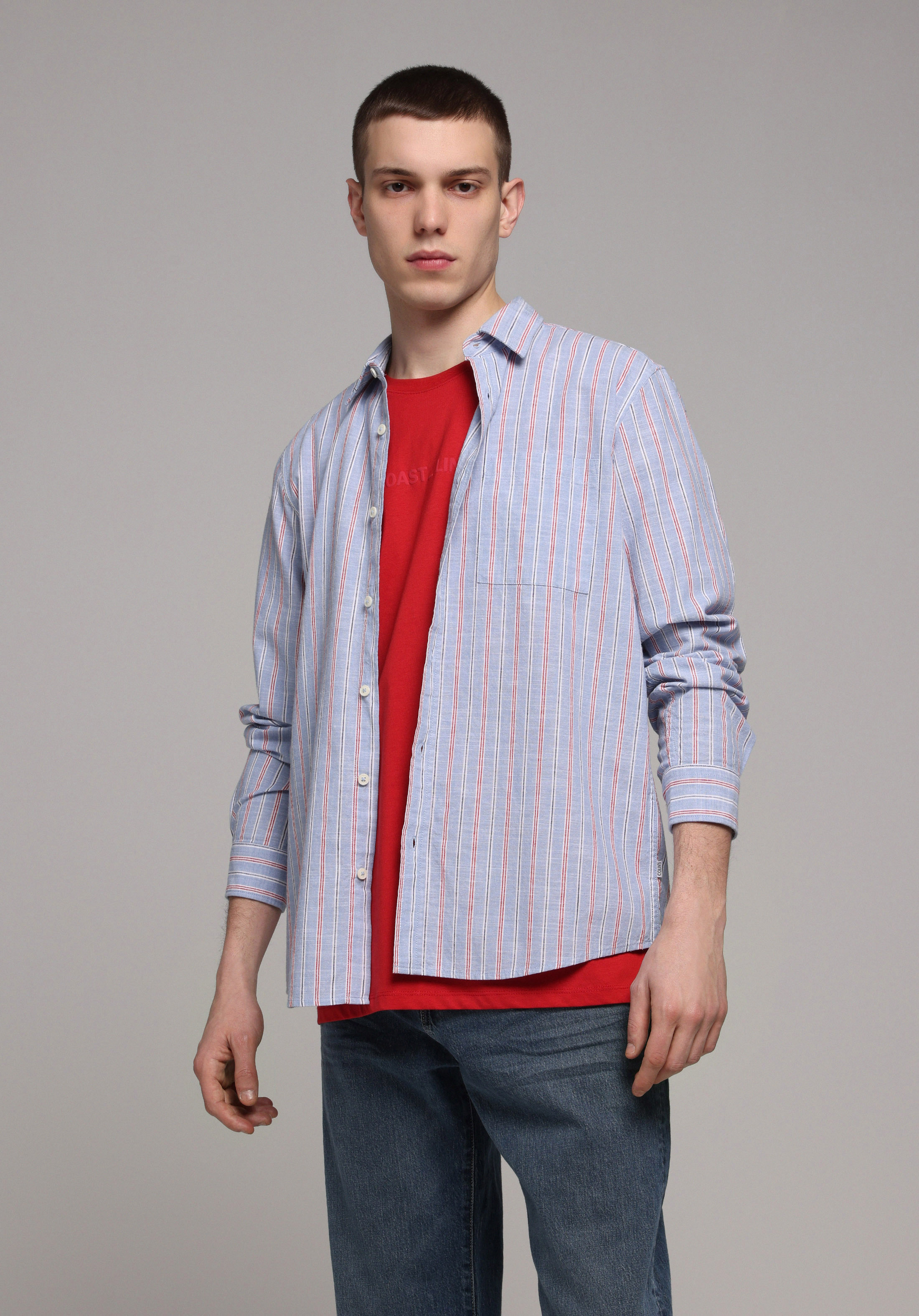 Regular Fit Shirt Neck Çizgili Erkek Mavi Uzun Kol Gömlek