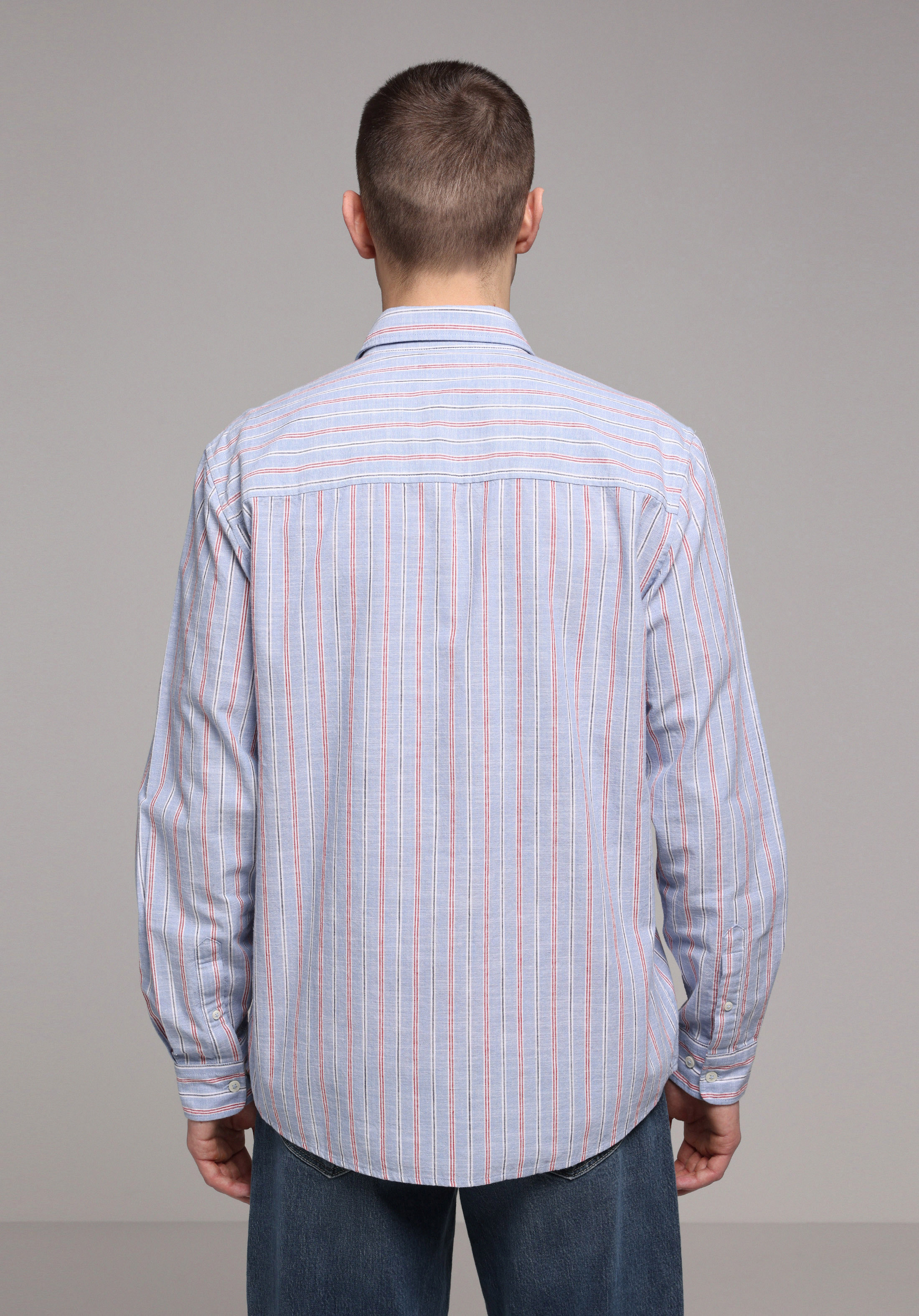 Regular Fit Shirt Neck Çizgili Erkek Mavi Uzun Kol Gömlek