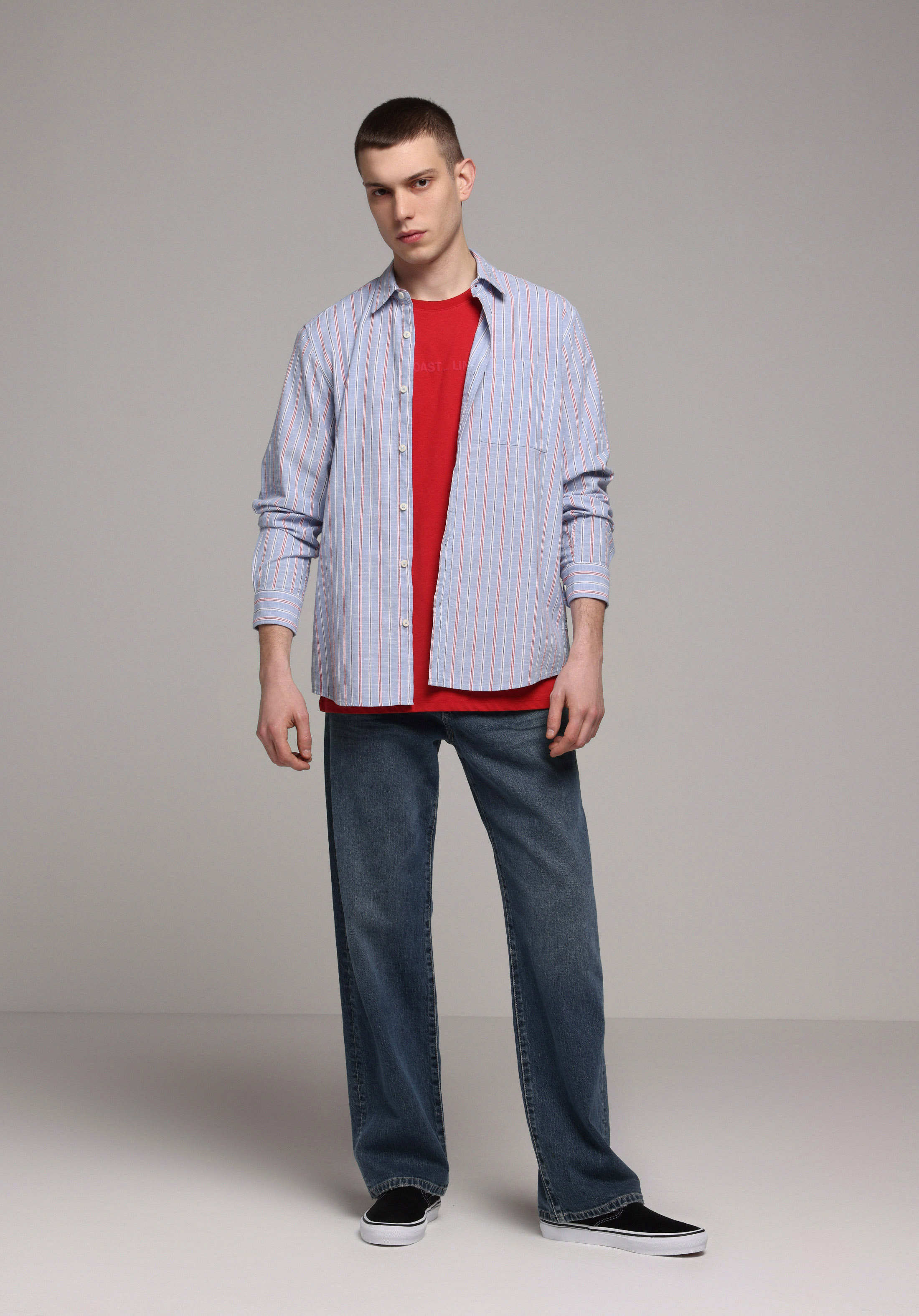 Regular Fit Shirt Neck Çizgili Erkek Mavi Uzun Kol Gömlek