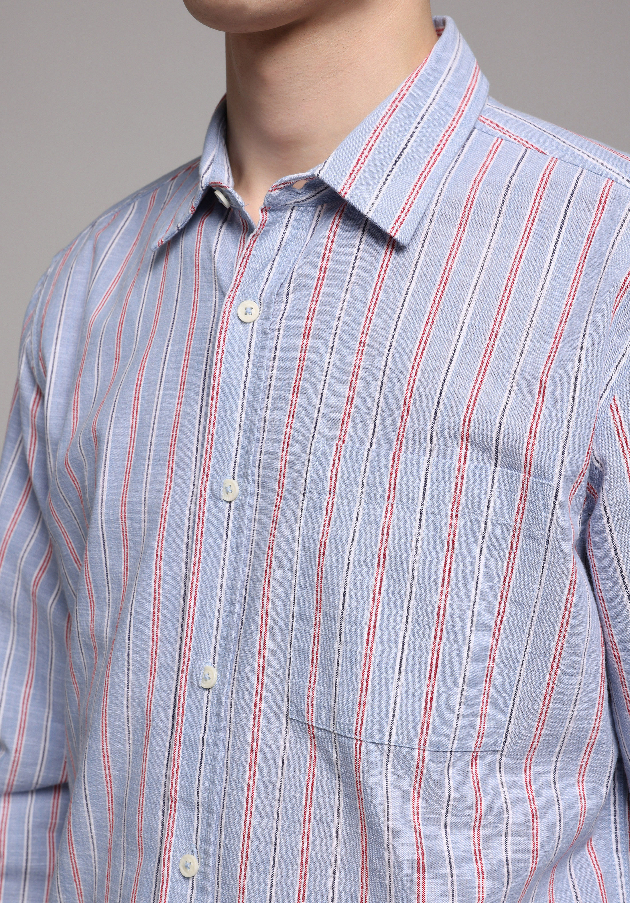 Regular Fit Shirt Neck Çizgili Erkek Mavi Uzun Kol Gömlek