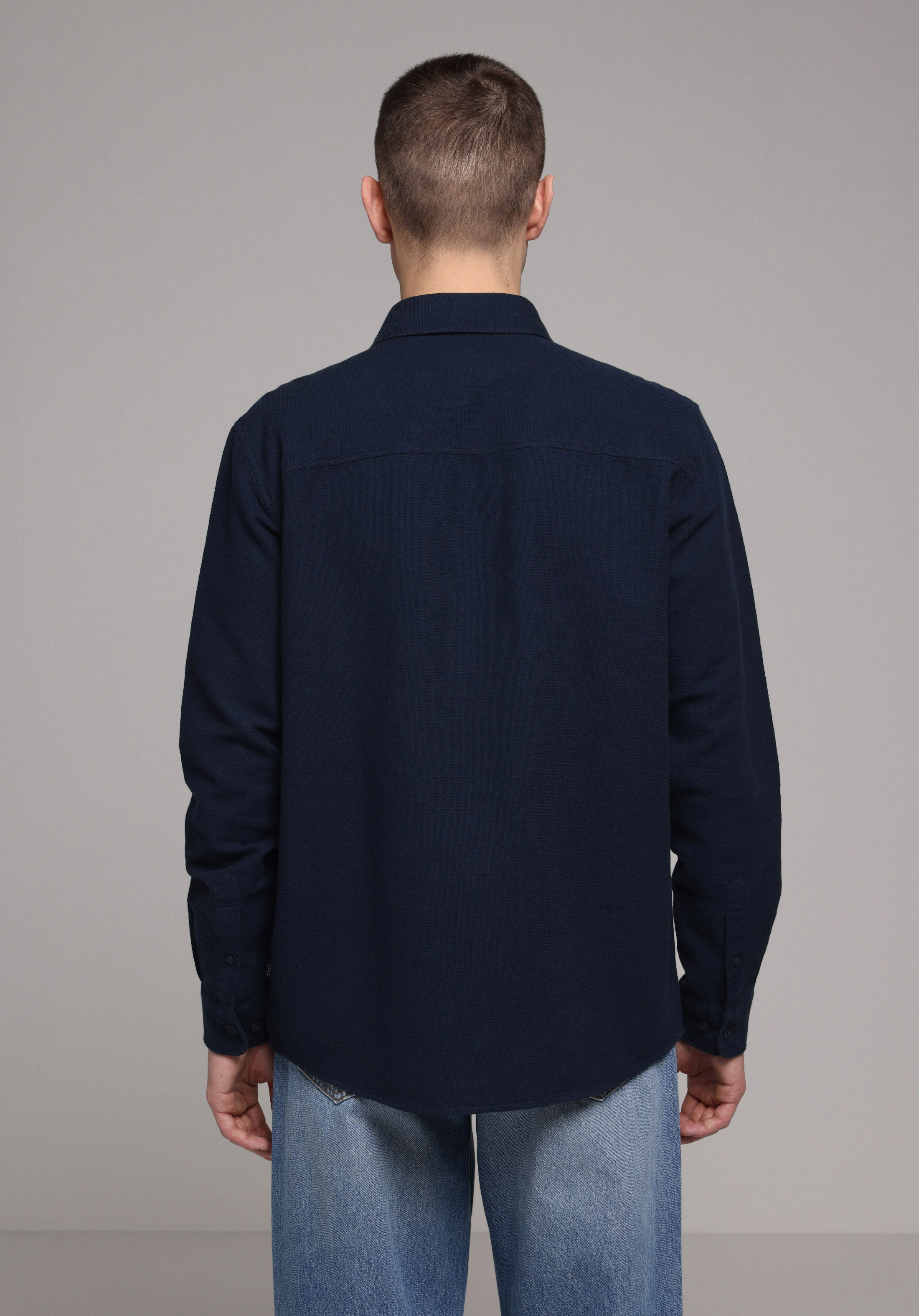 Regular Fit Shirt Neck Düz Erkek Lacivert Uzun Kol Gömlek