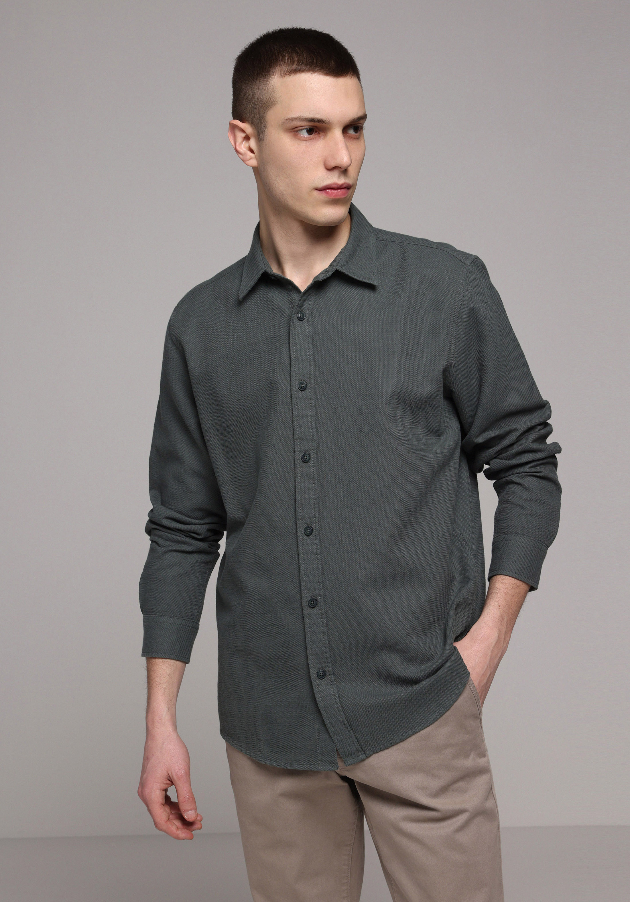 Regular Fit Shirt Neck Düz Erkek Yeşil Uzun Kol Gömlek