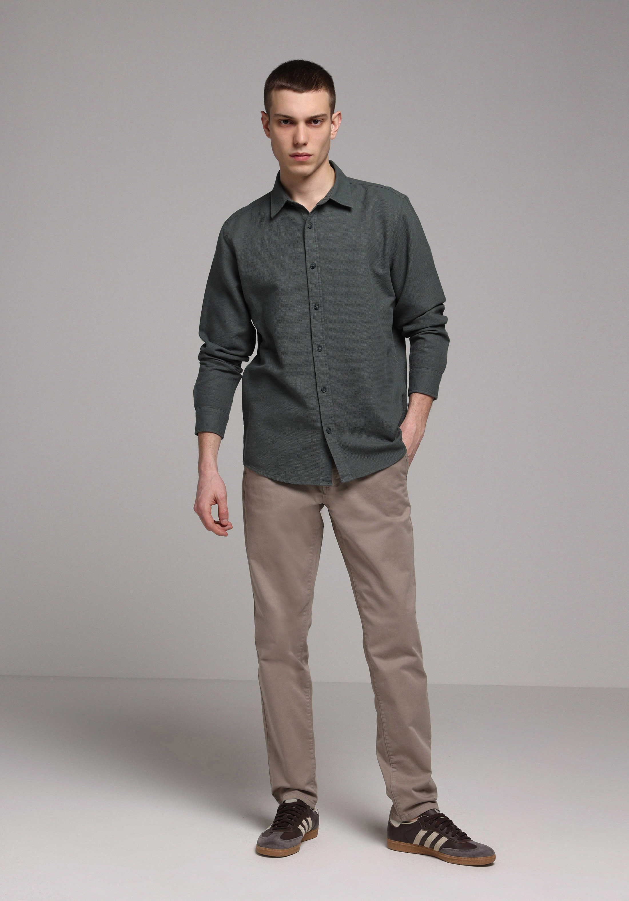 Regular Fit Shirt Neck Düz Erkek Yeşil Uzun Kol Gömlek