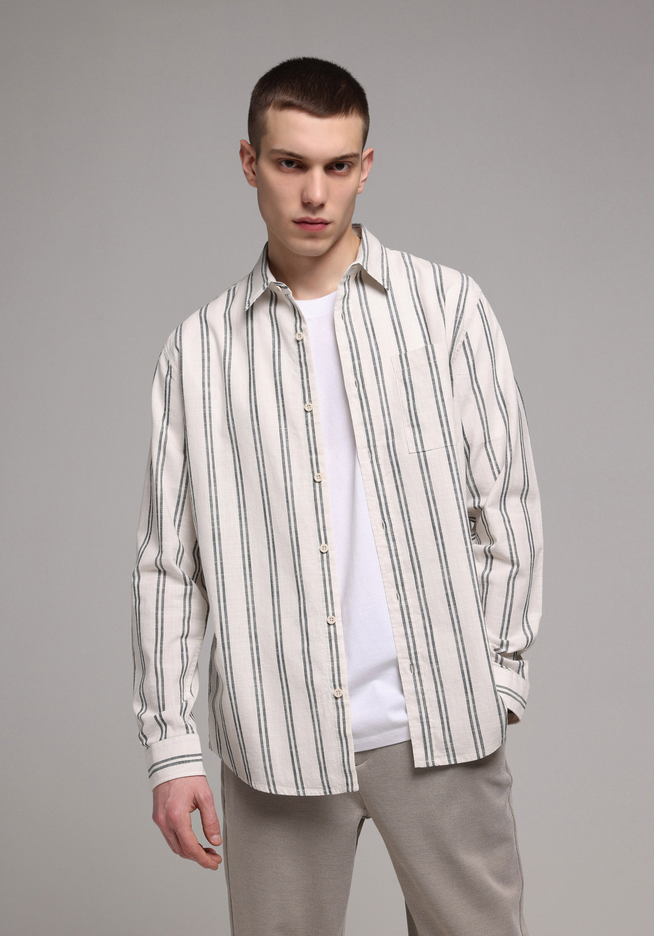 Regular Fit Shirt Neck Çizgili Erkek Ekru Uzun Kol Gömlek