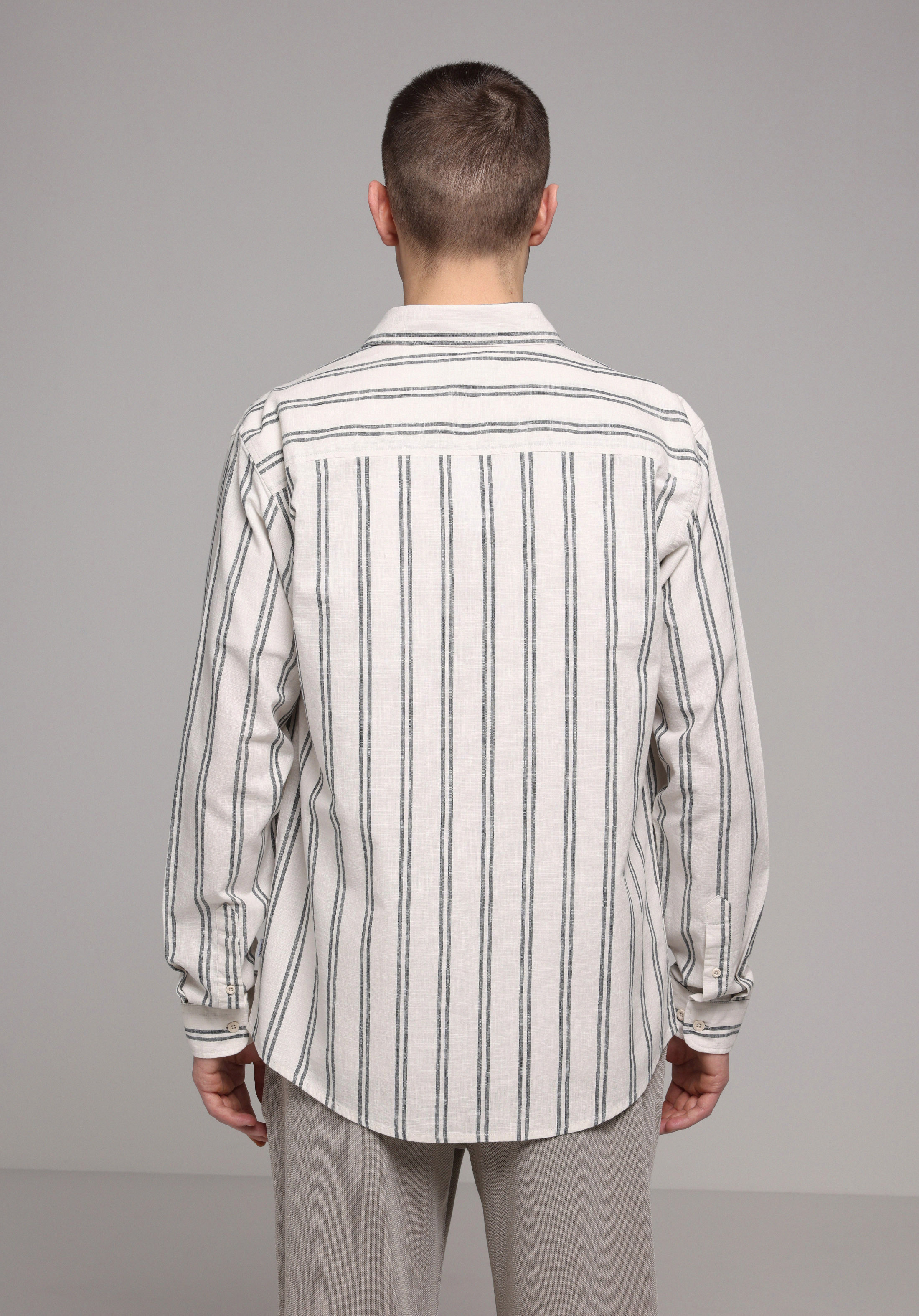 Regular Fit Shirt Neck Çizgili Erkek Ekru Uzun Kol Gömlek