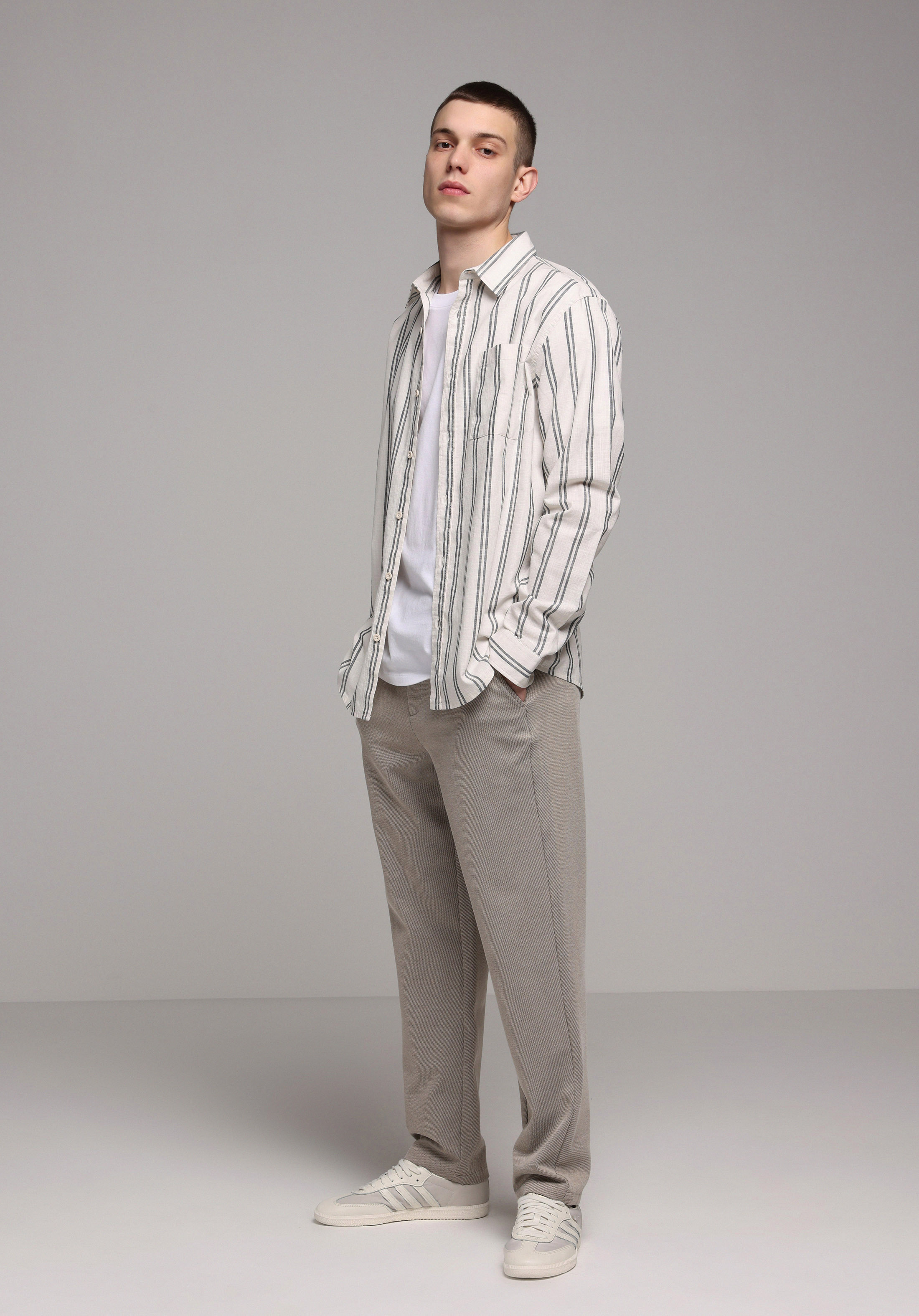 Regular Fit Shirt Neck Çizgili Erkek Ekru Uzun Kol Gömlek