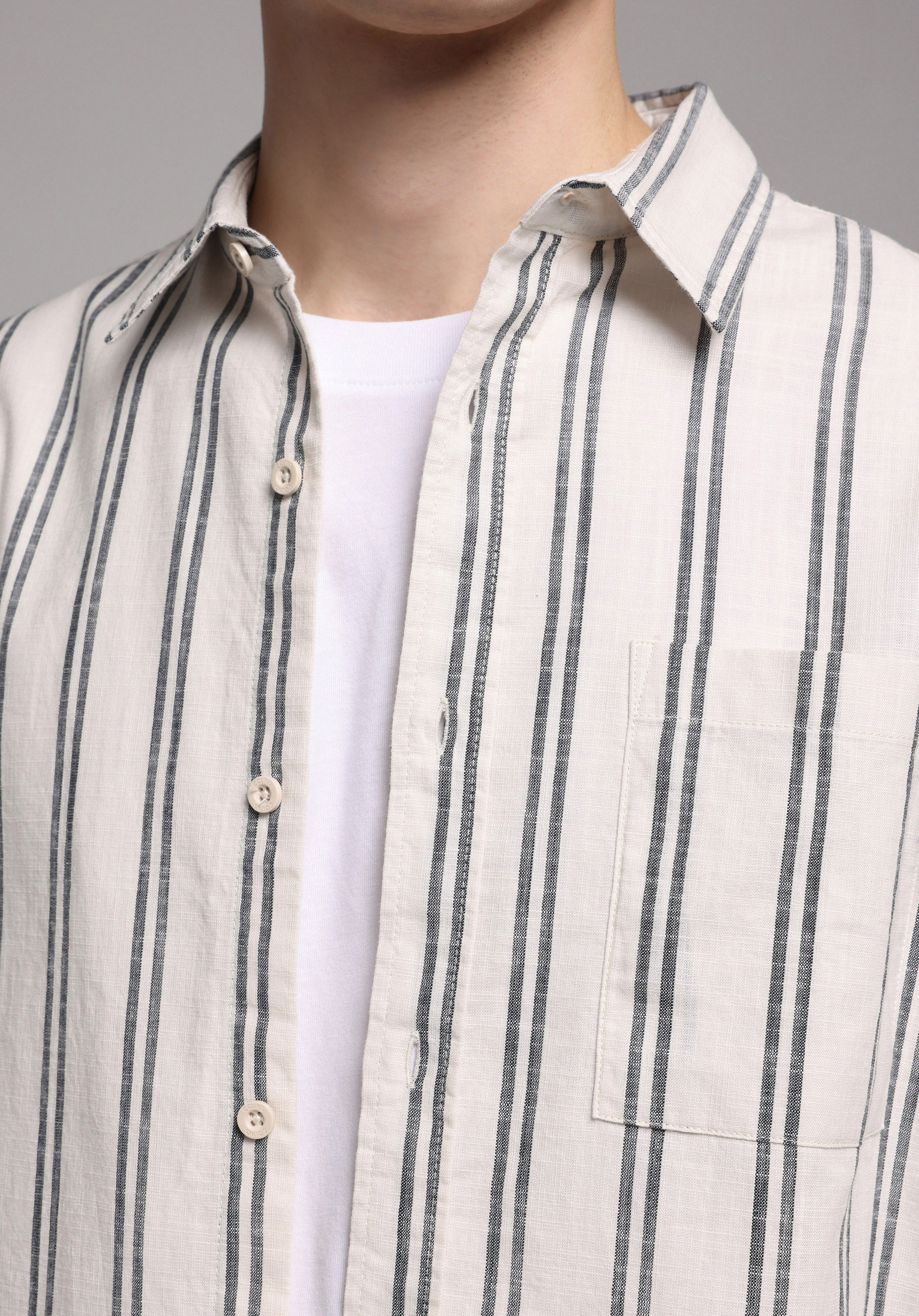 Regular Fit Shirt Neck Çizgili Erkek Ekru Uzun Kol Gömlek