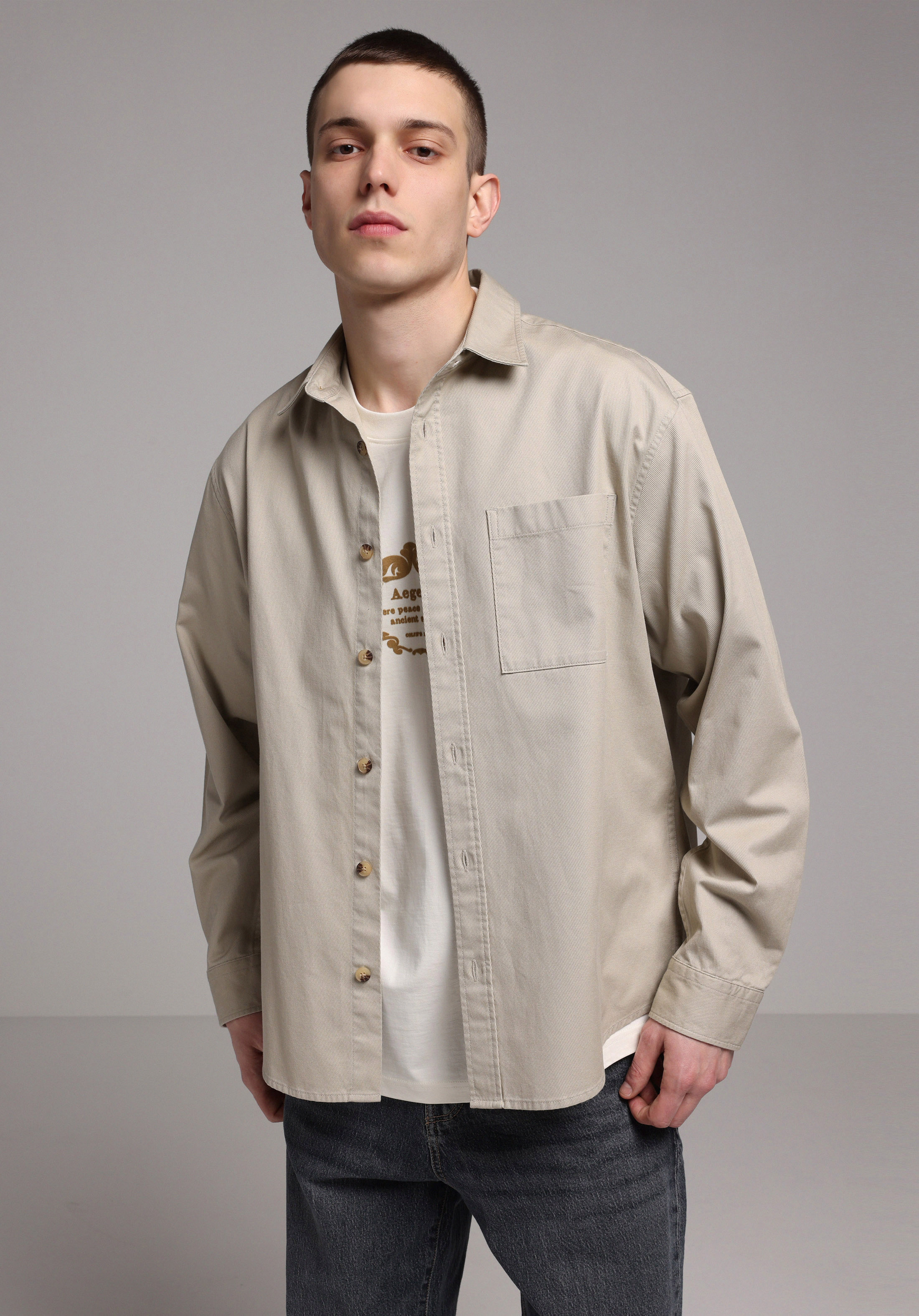 Relaxed Fit Shirt Neck Düz Erkek Bej Uzun Kol Gömlek