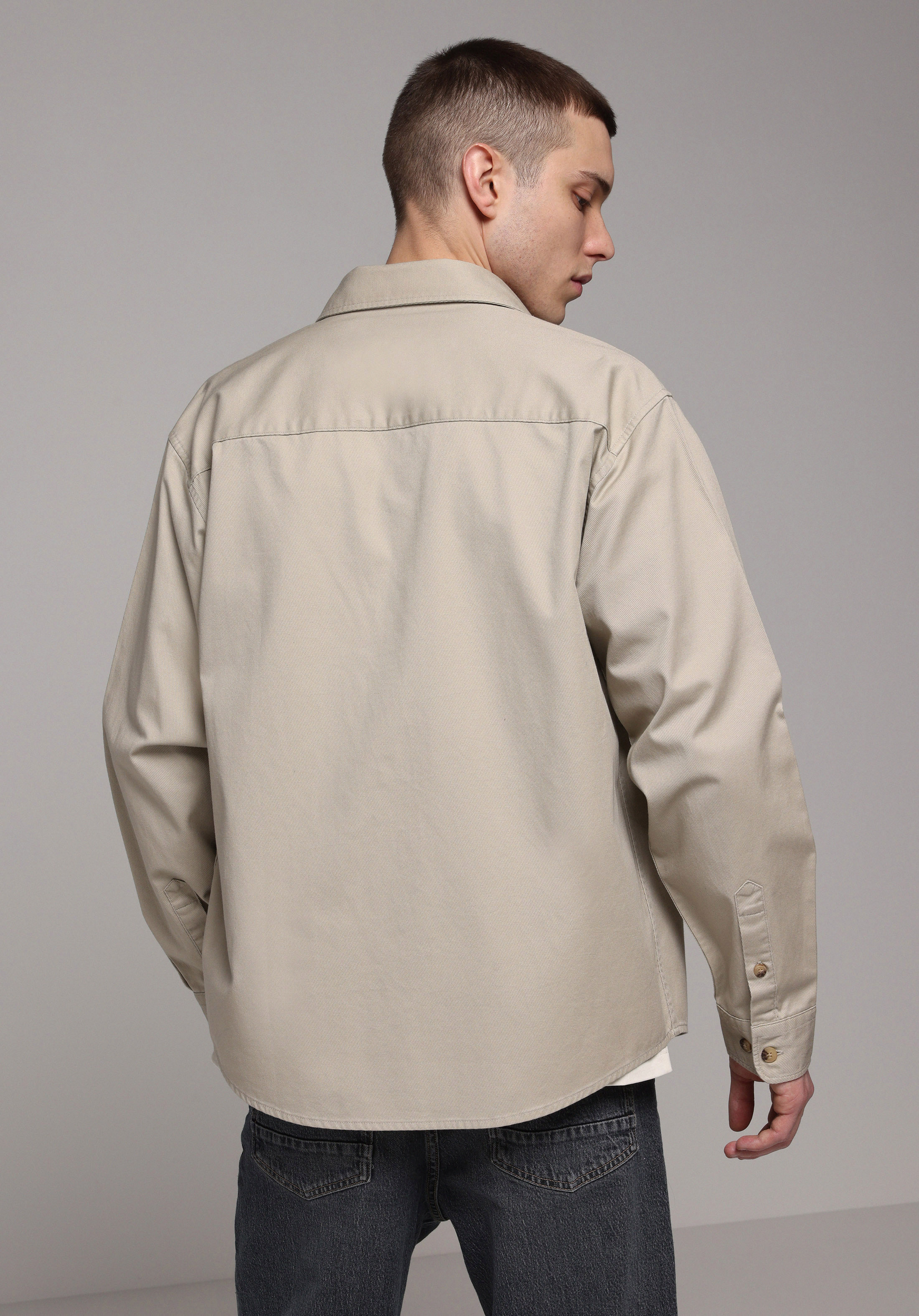 Relaxed Fit Shirt Neck Düz Erkek Bej Uzun Kol Gömlek