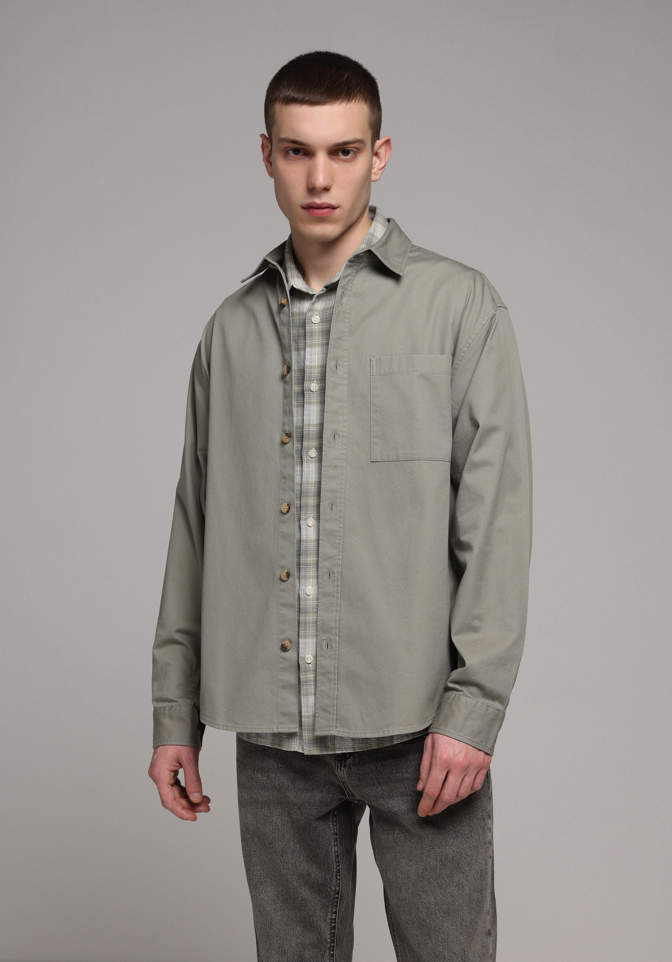 Relaxed Fit Shirt Neck Düz Erkek Yeşil Uzun Kol Gömlek