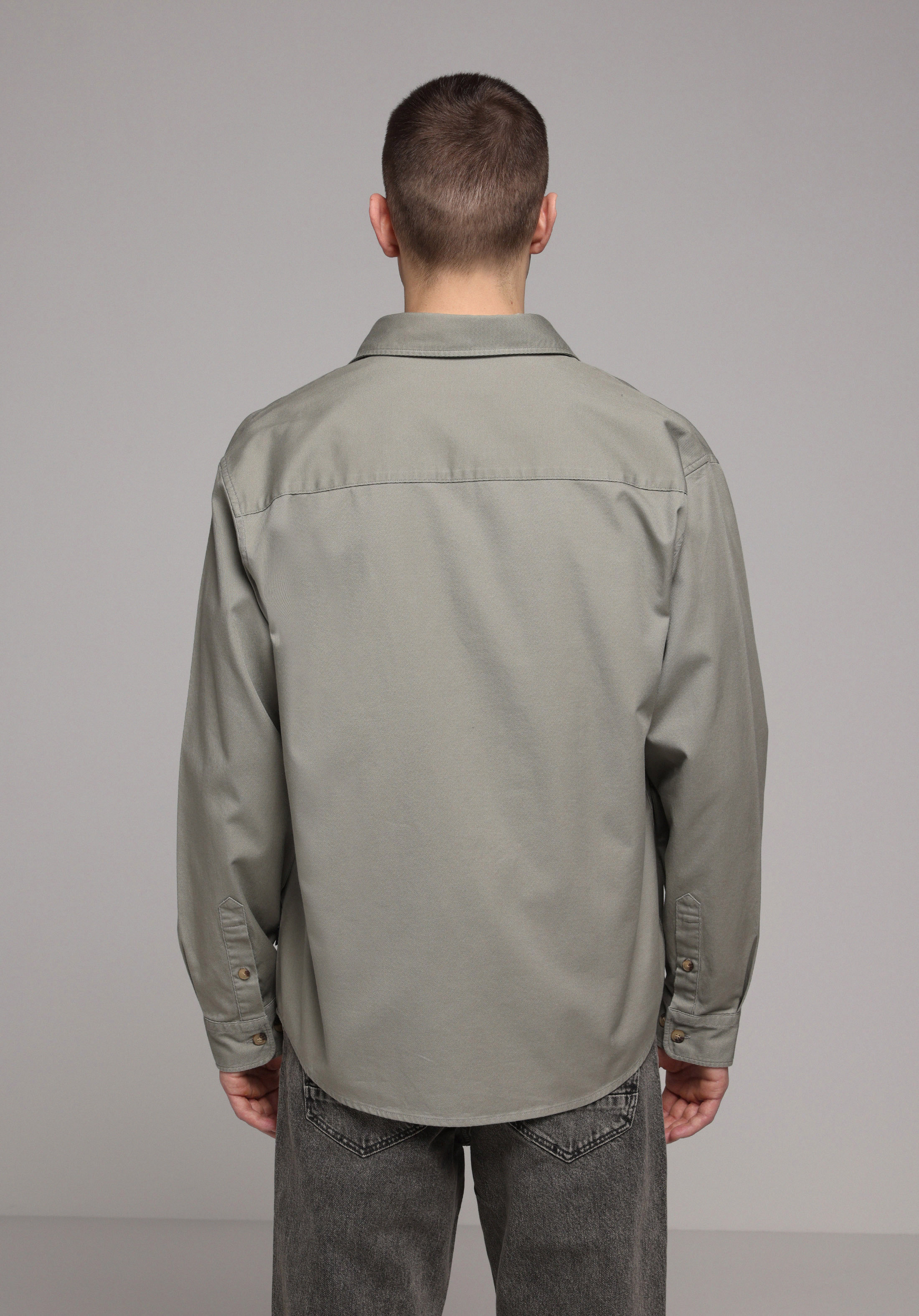 Relaxed Fit Shirt Neck Düz Erkek Yeşil Uzun Kol Gömlek