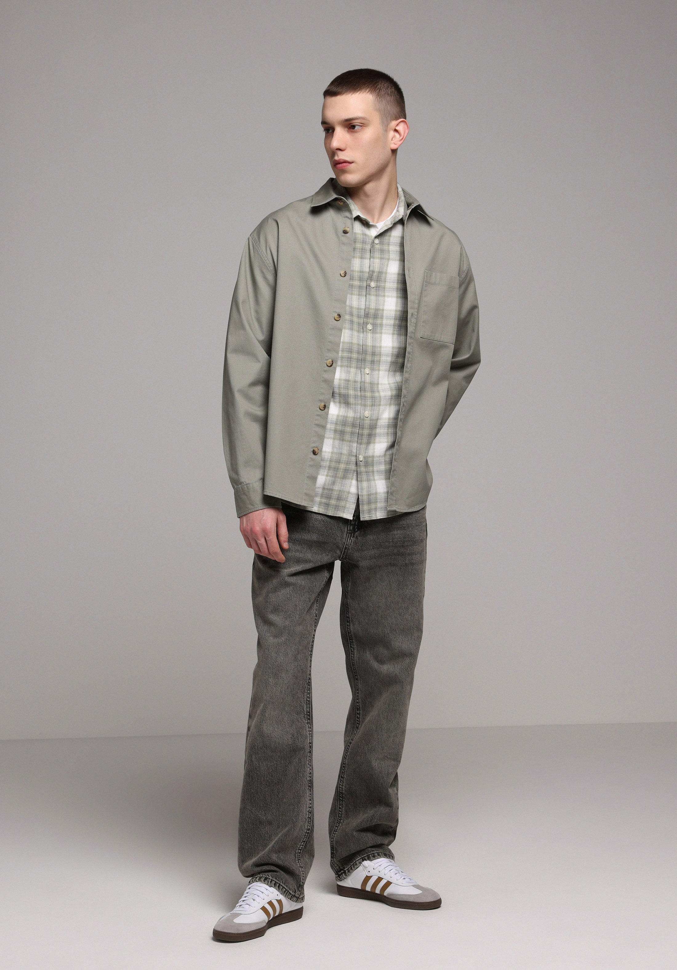 Relaxed Fit Shirt Neck Düz Erkek Yeşil Uzun Kol Gömlek