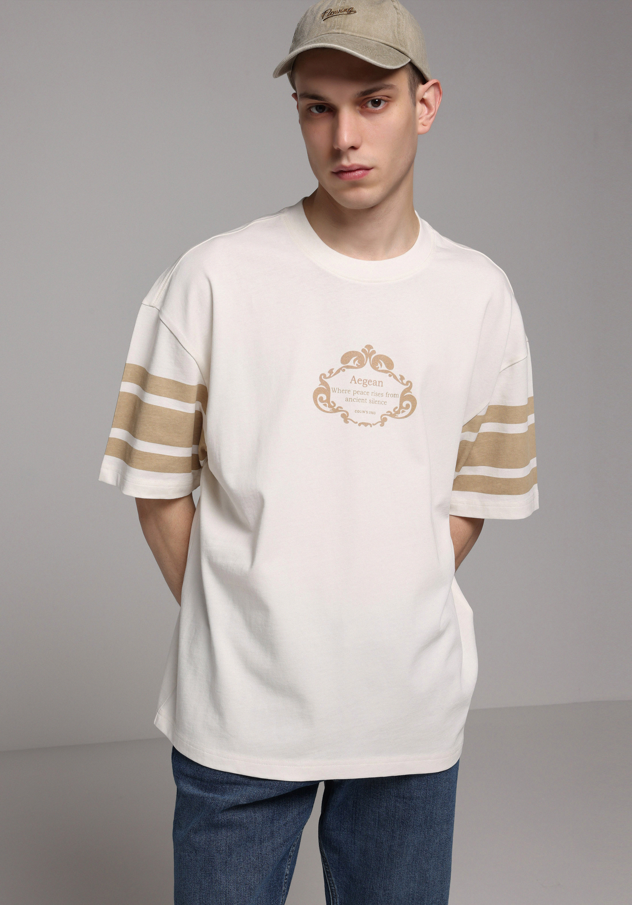 Oversize Fit Yuvarlak Yaka Düz Erkek Ekru Kısa Kol Tişört