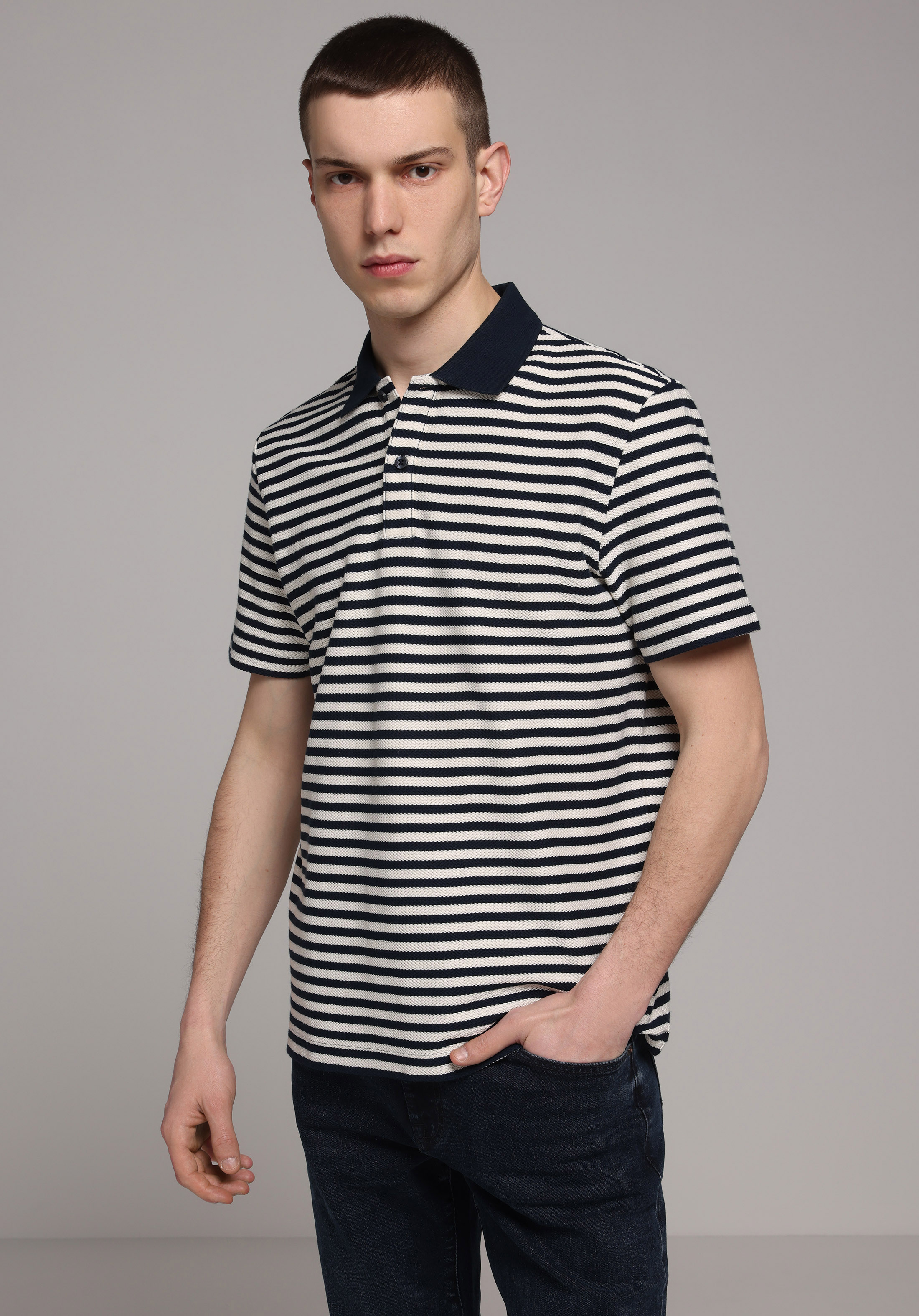 Regular Fit Polo Yaka Çizgili Erkek Lacivert Kısa Kol Tişört