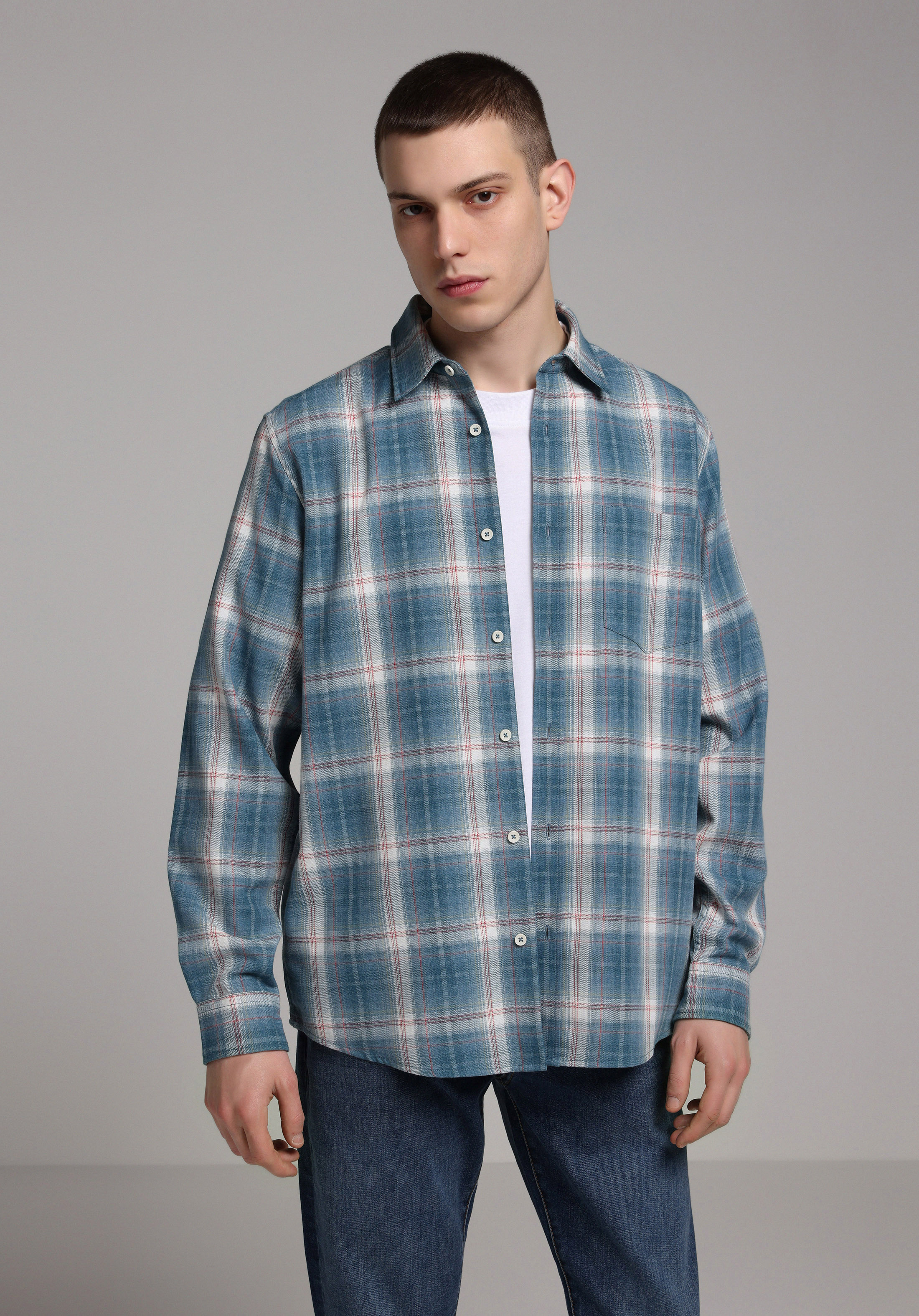 Regular Fit Shirt Neck Ekoseli Erkek Yeşil Uzun Kol Gömlek