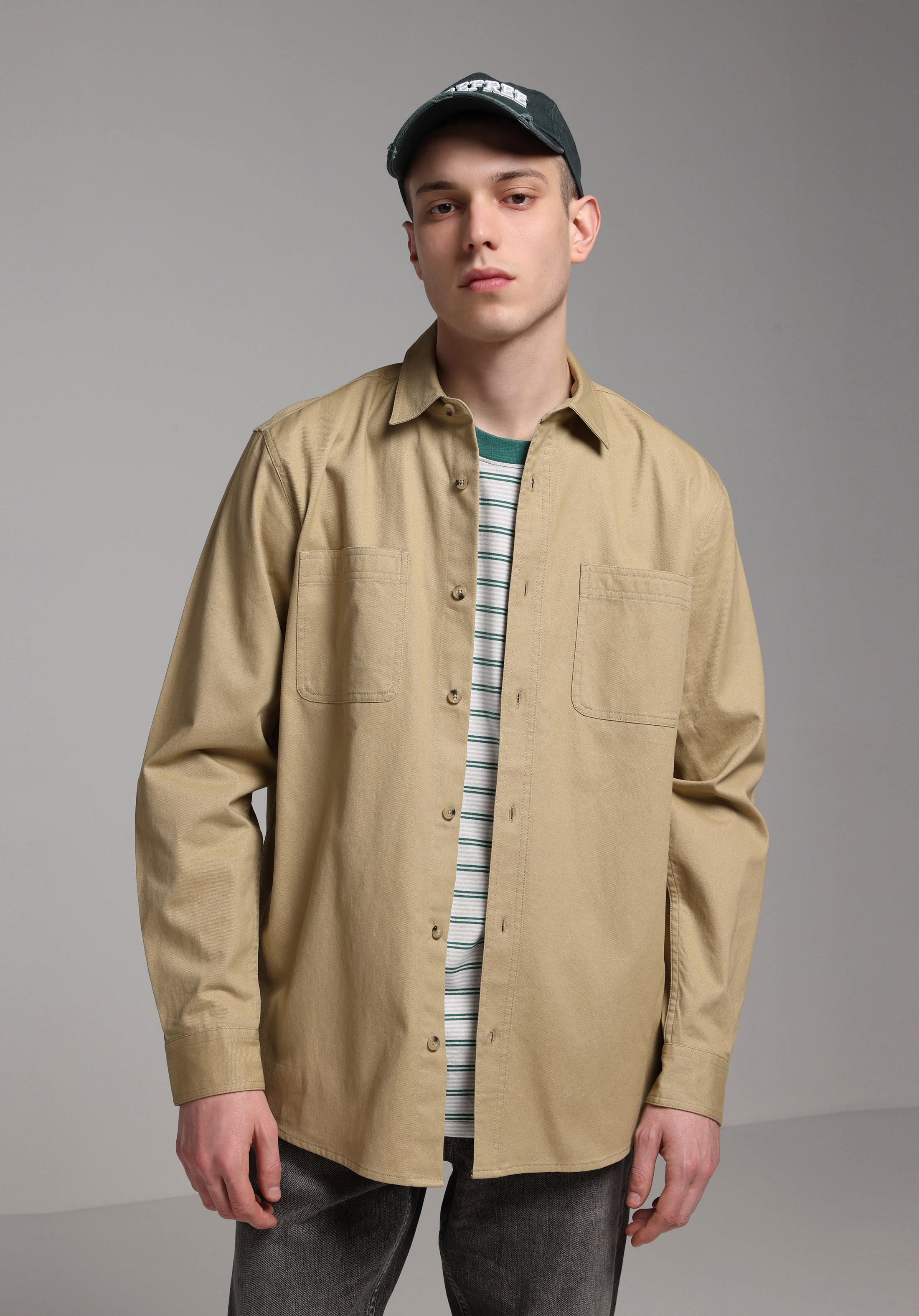 Relaxed Fit Shirt Neck Düz Erkek Kahverengi Uzun Kol Gömlek