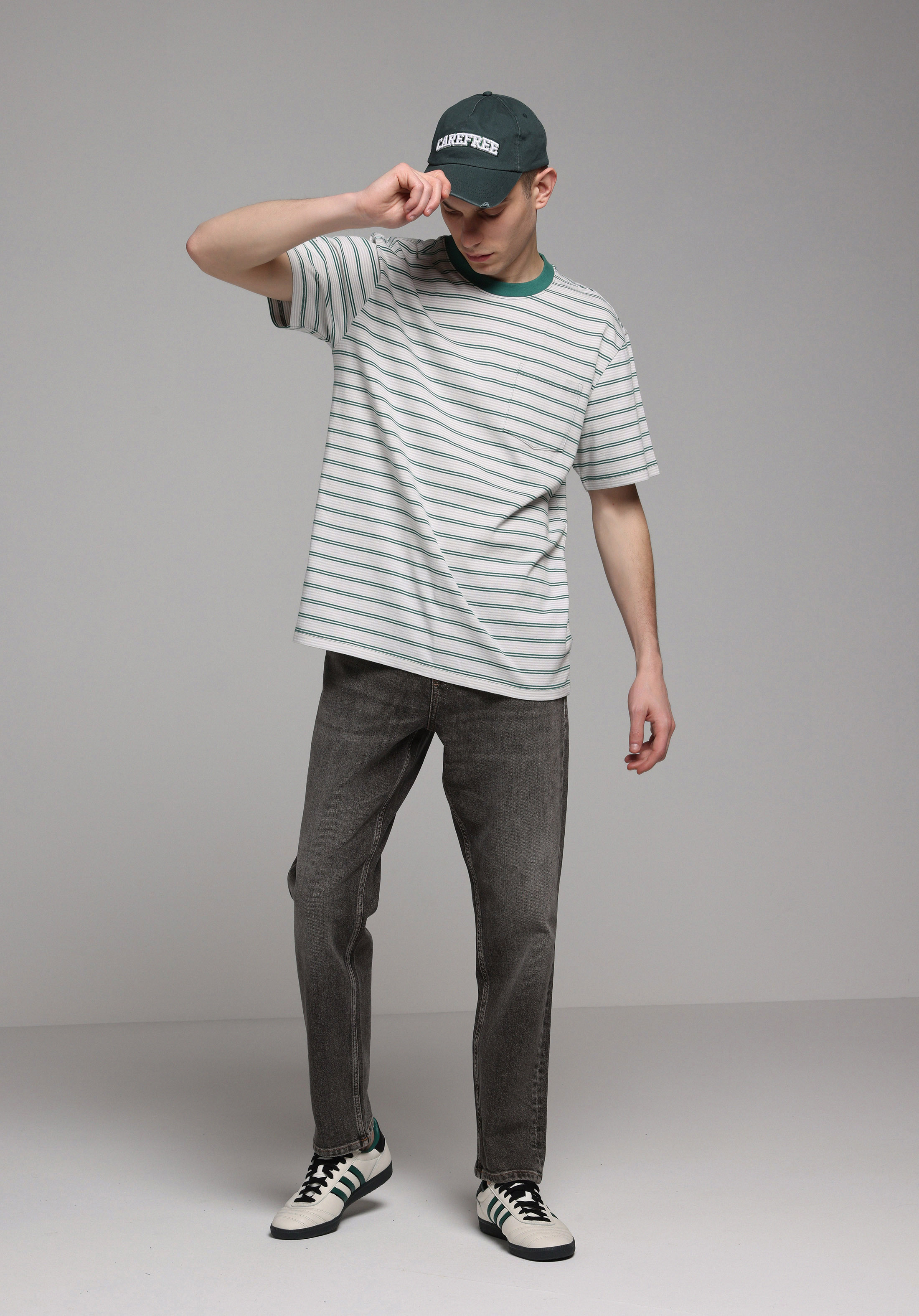 Comfort Fit Yuvarlak Yaka Çizgili Erkek Yeşil Kısa Kol Tişört