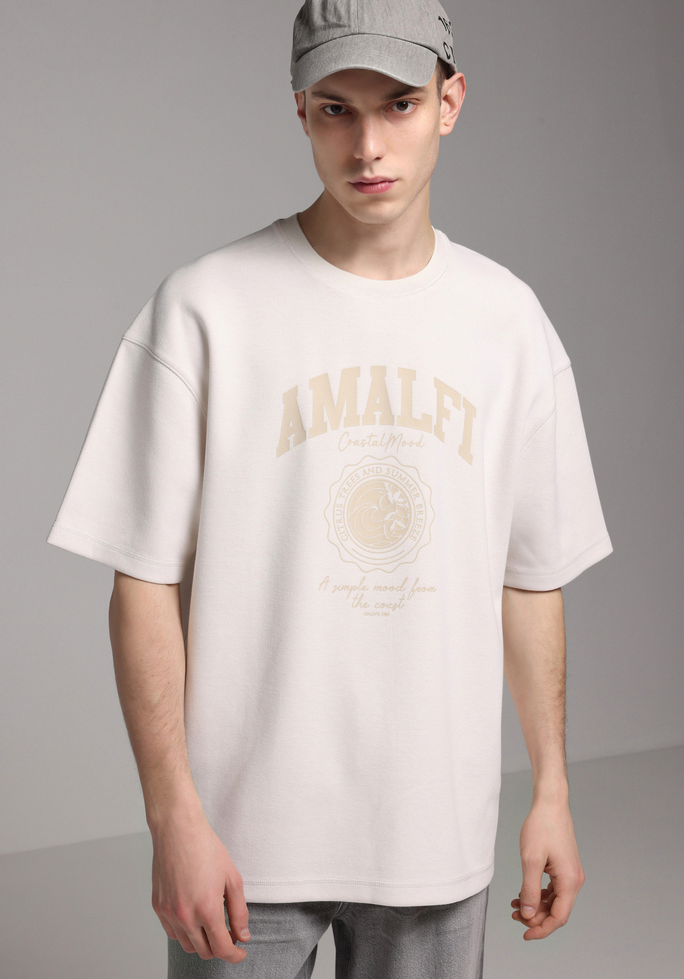 Oversize Fit Yuvarlak Yaka Düz Erkek Bej Kısa Kol Tişört