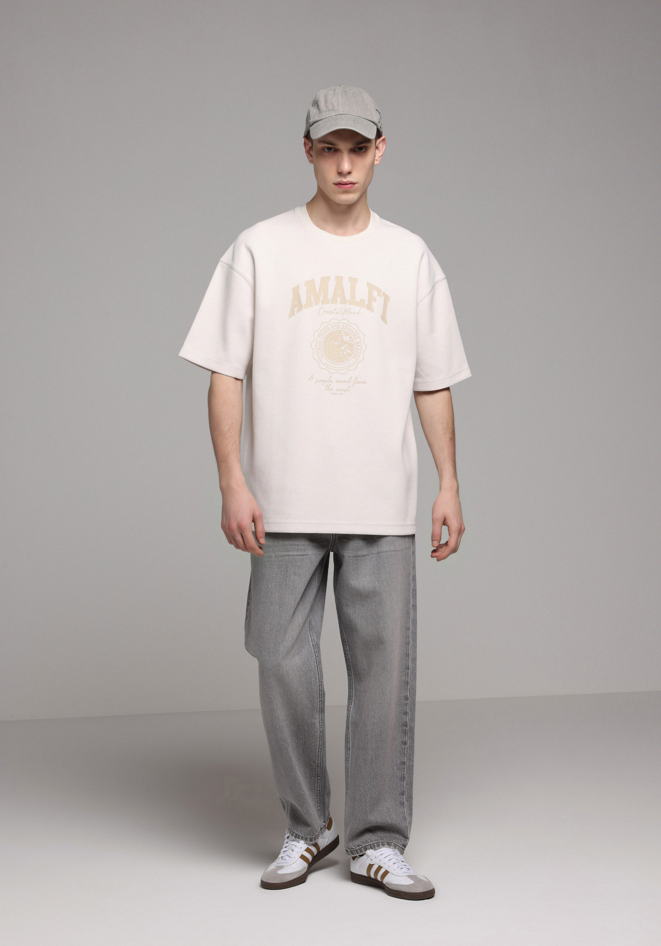 Oversize Fit Yuvarlak Yaka Düz Erkek Bej Kısa Kol Tişört