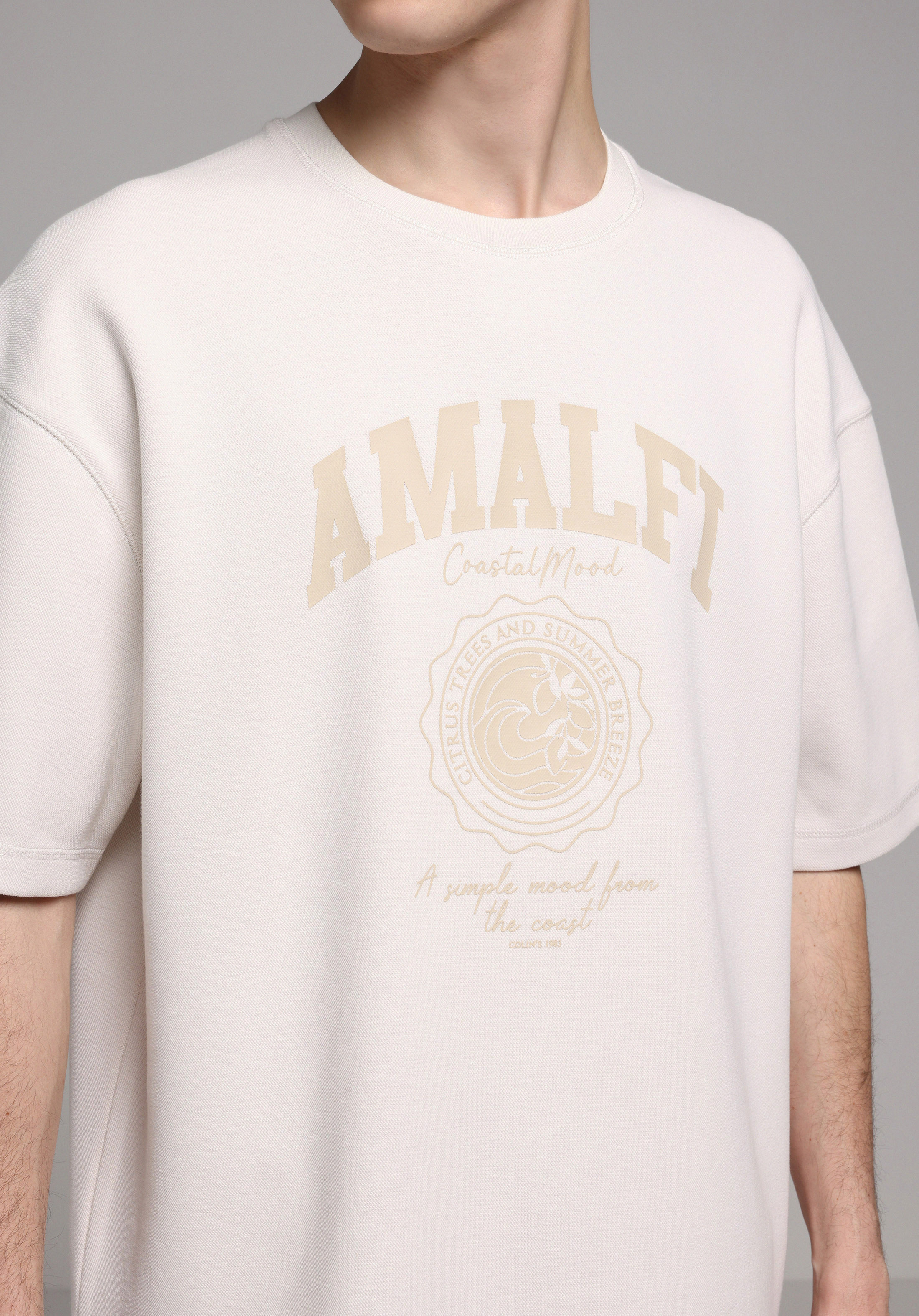 Oversize Fit Yuvarlak Yaka Düz Erkek Bej Kısa Kol Tişört