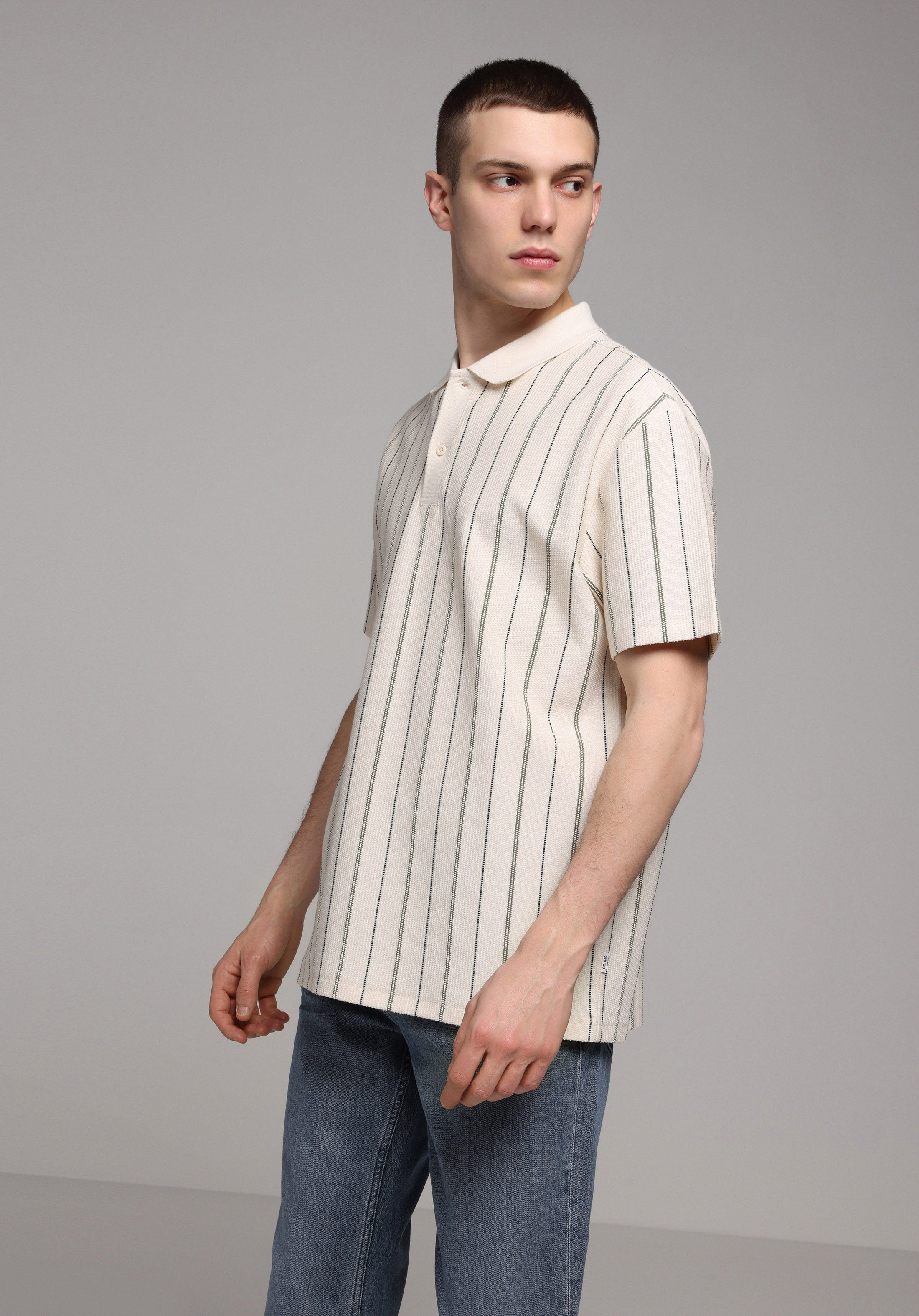 Comfort Fit Polo Yaka Çizgili Erkek Ekru Kısa Kol Tişört