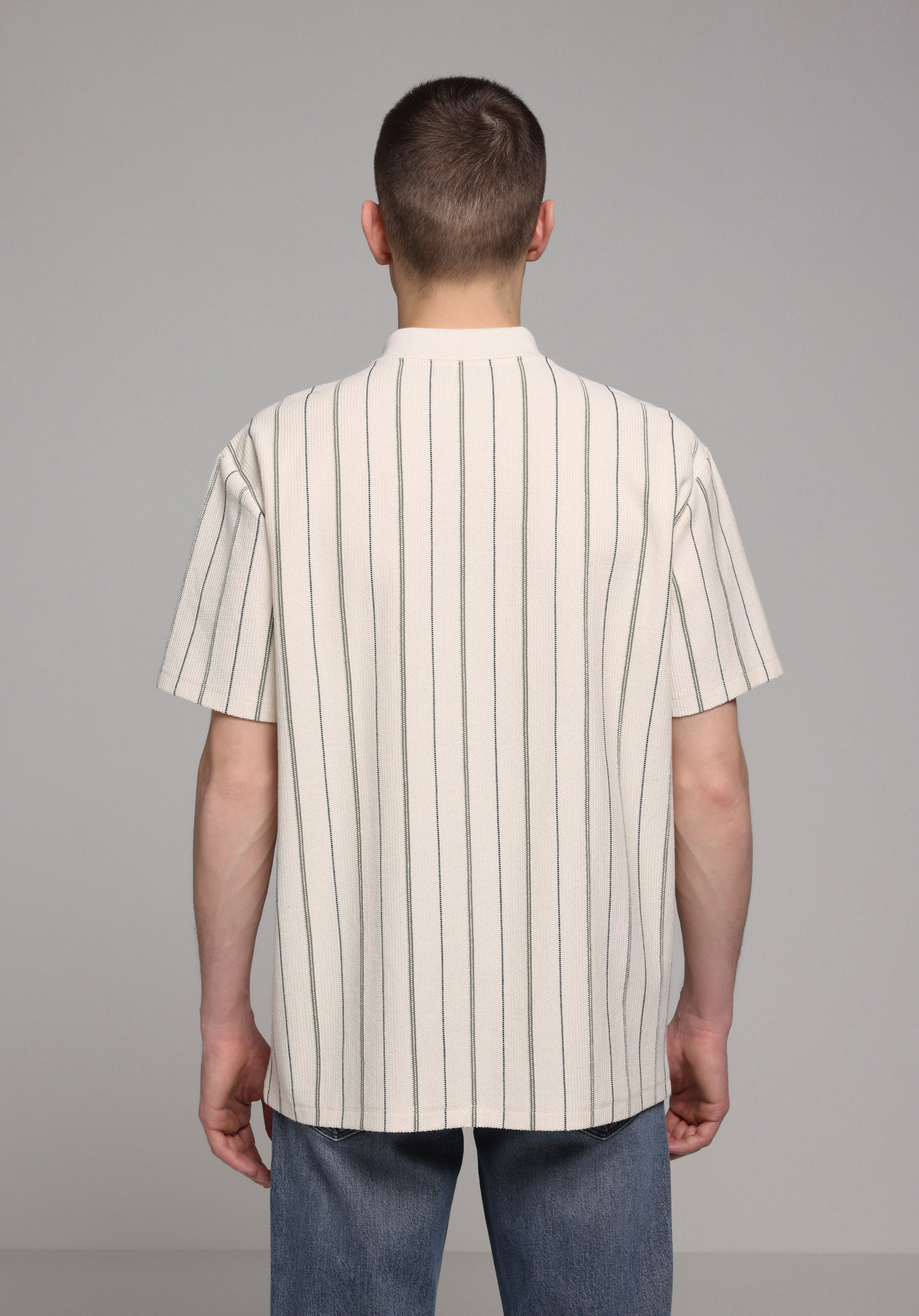 Comfort Fit Polo Yaka Çizgili Erkek Ekru Kısa Kol Tişört