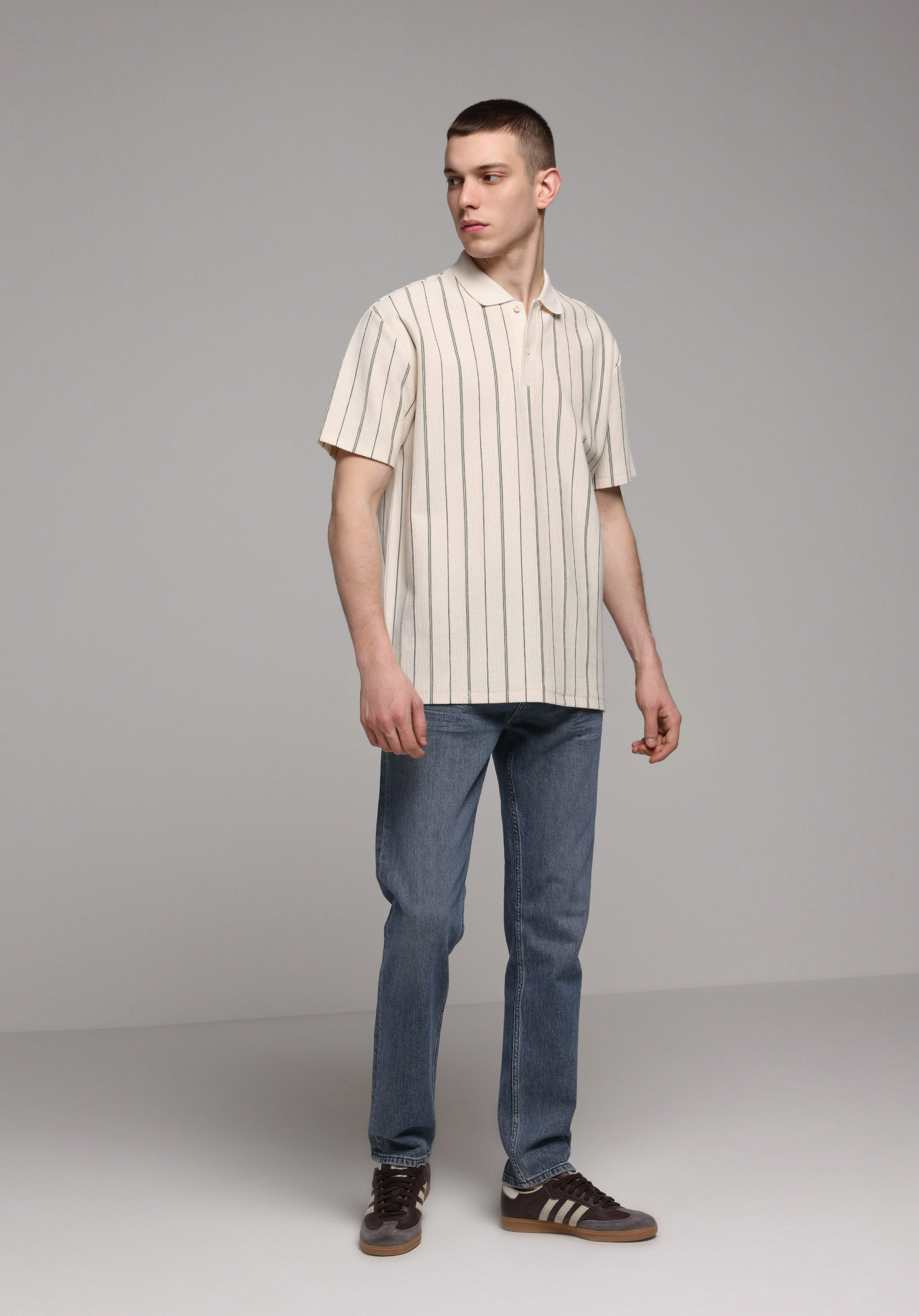 Comfort Fit Polo Yaka Çizgili Erkek Ekru Kısa Kol Tişört